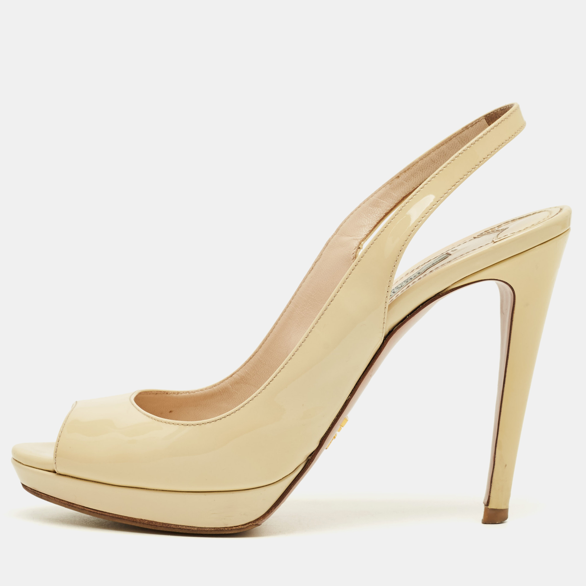 

Prada Cream Patent Leather Peep Toe Slingback Pumps Size