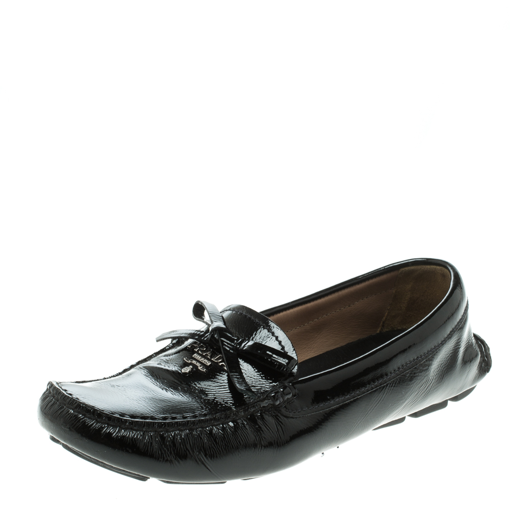 Pre Owned Prada Black Patent Leather Bow Loafers Size 37.5
