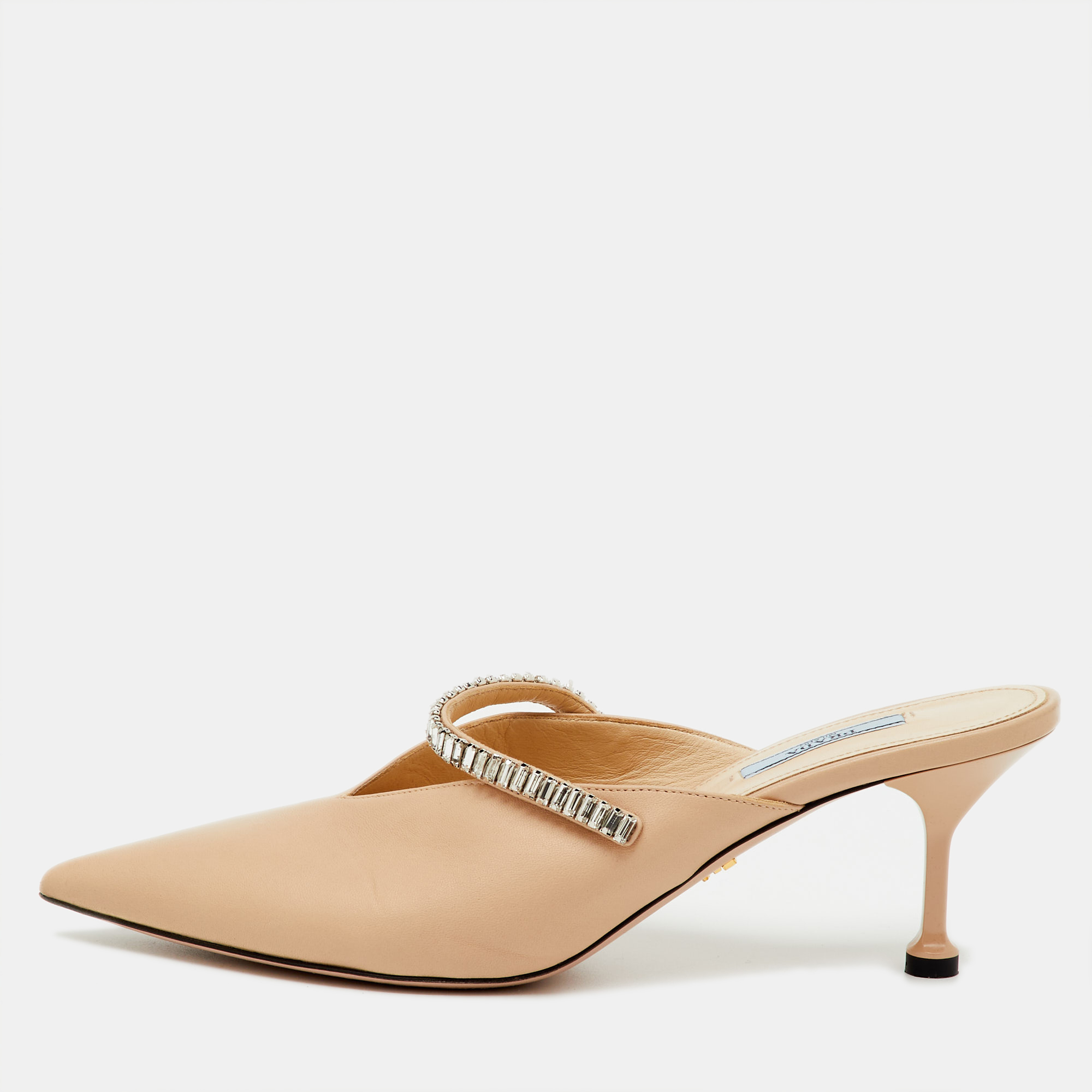 Pre-owned Prada Beige Leather Pointed Toe Crystal Embellished Mules Size 40 In Sand