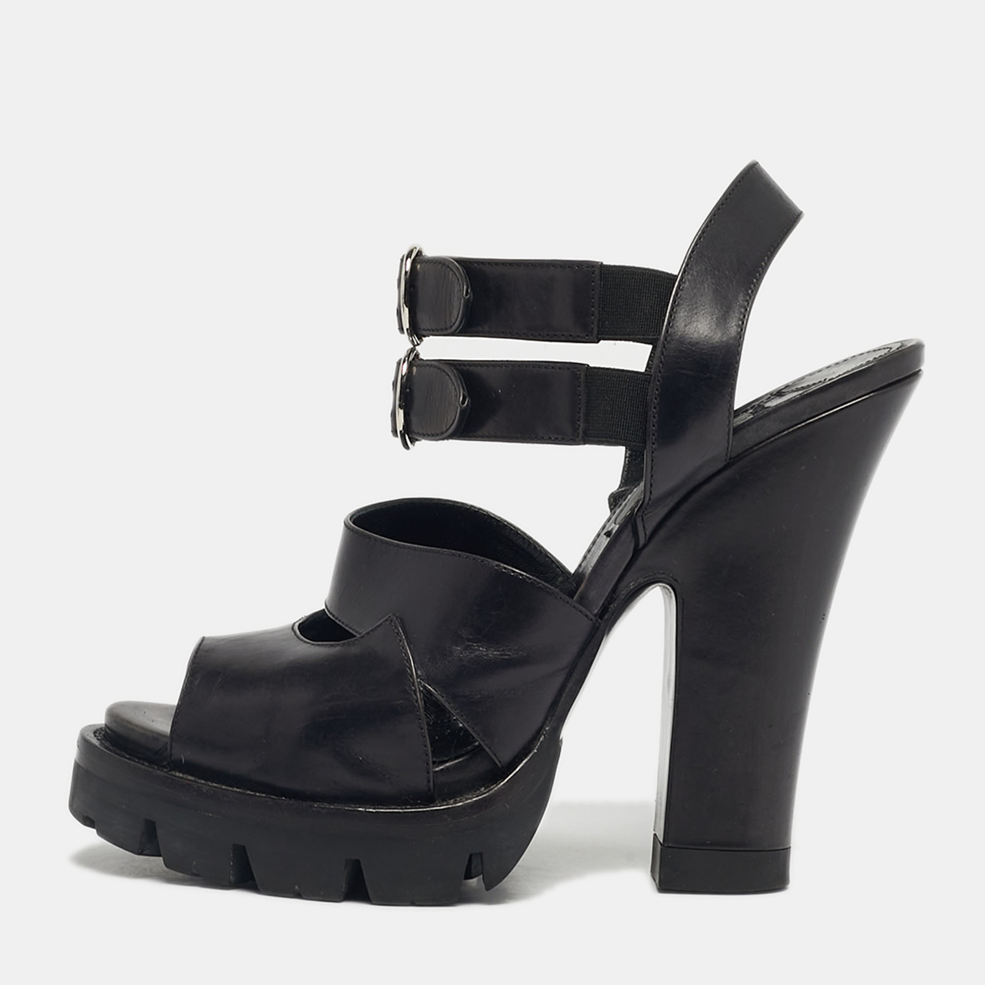 Pre-owned Prada Black Leather Ankle Strap Block Heel Sandals Size 38.5