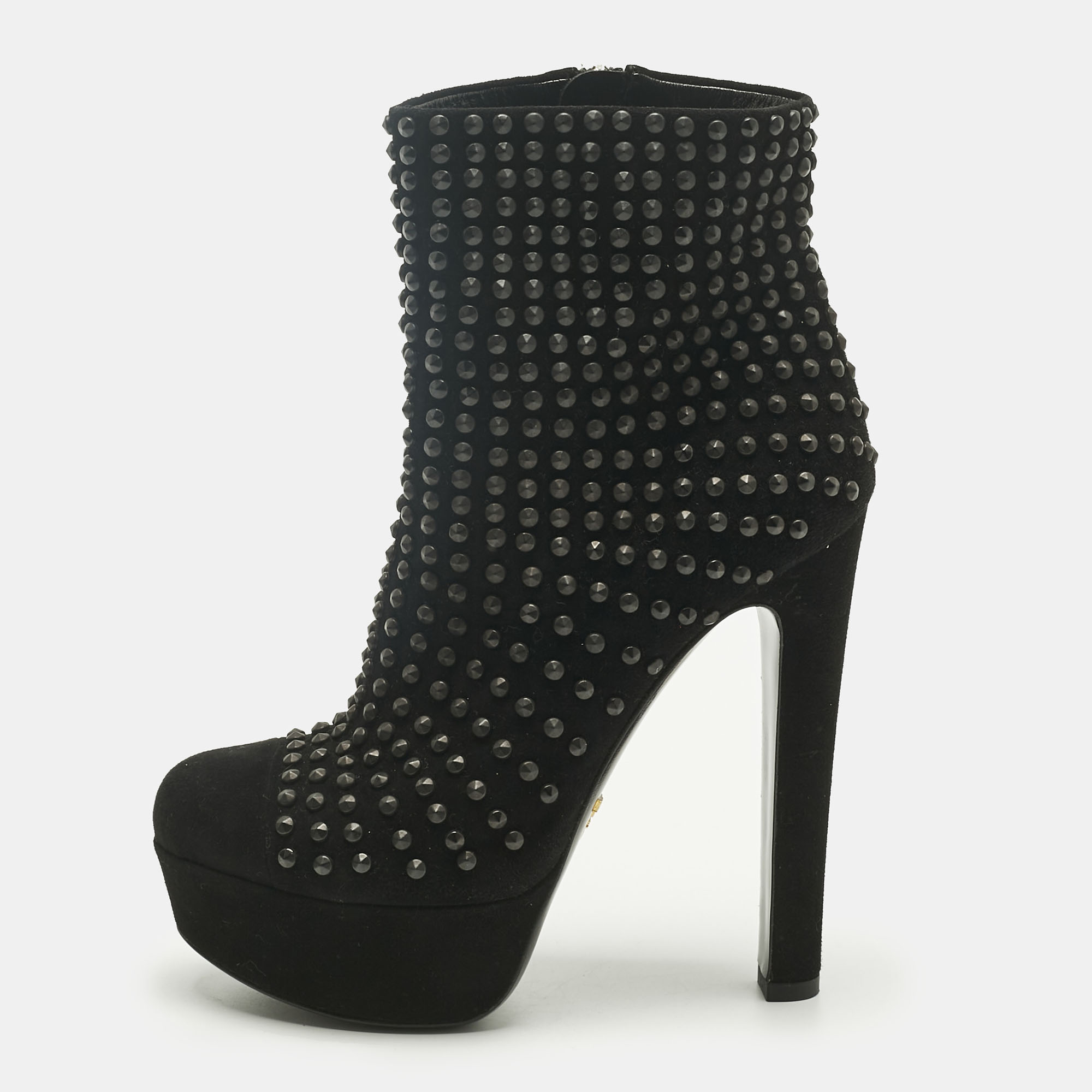 Pre-owned Prada Black Suede Stud Embellish Platform Ankle Length Boots Size 37