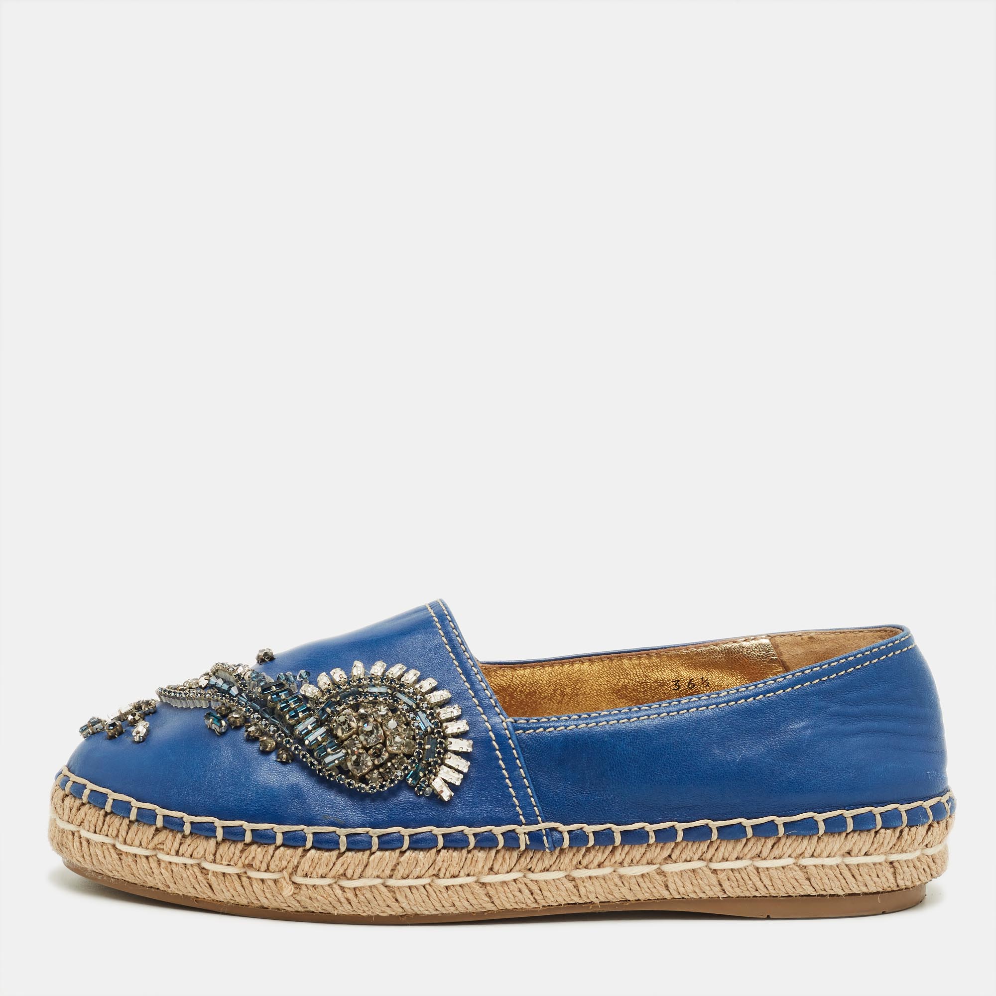 Pre-owned Prada Blue Leather Crystal Embellished Espadrille Flats Size 36.5