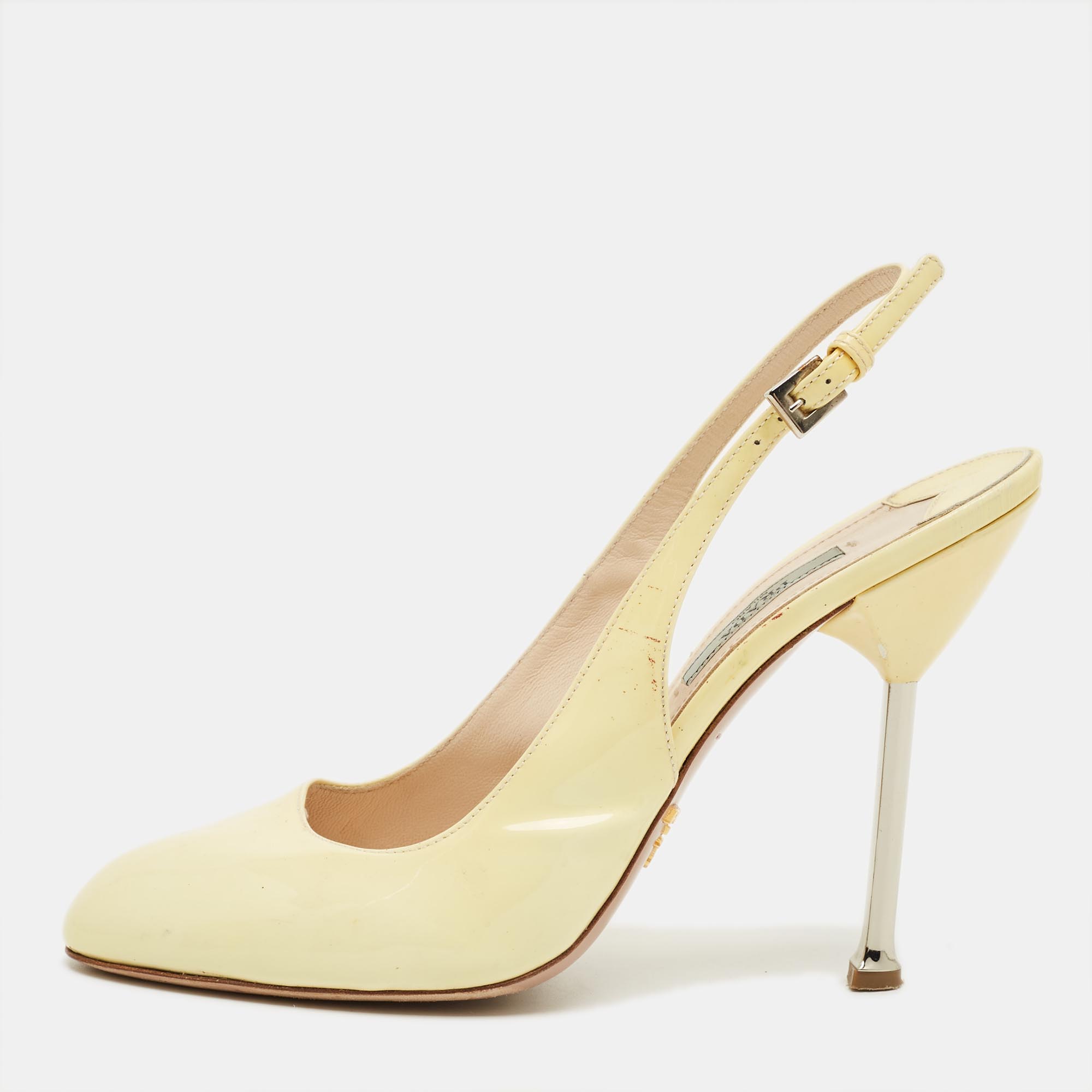 Pre-owned Prada Yellow Patent Leatherround Toe Slingback Pumps Size 39