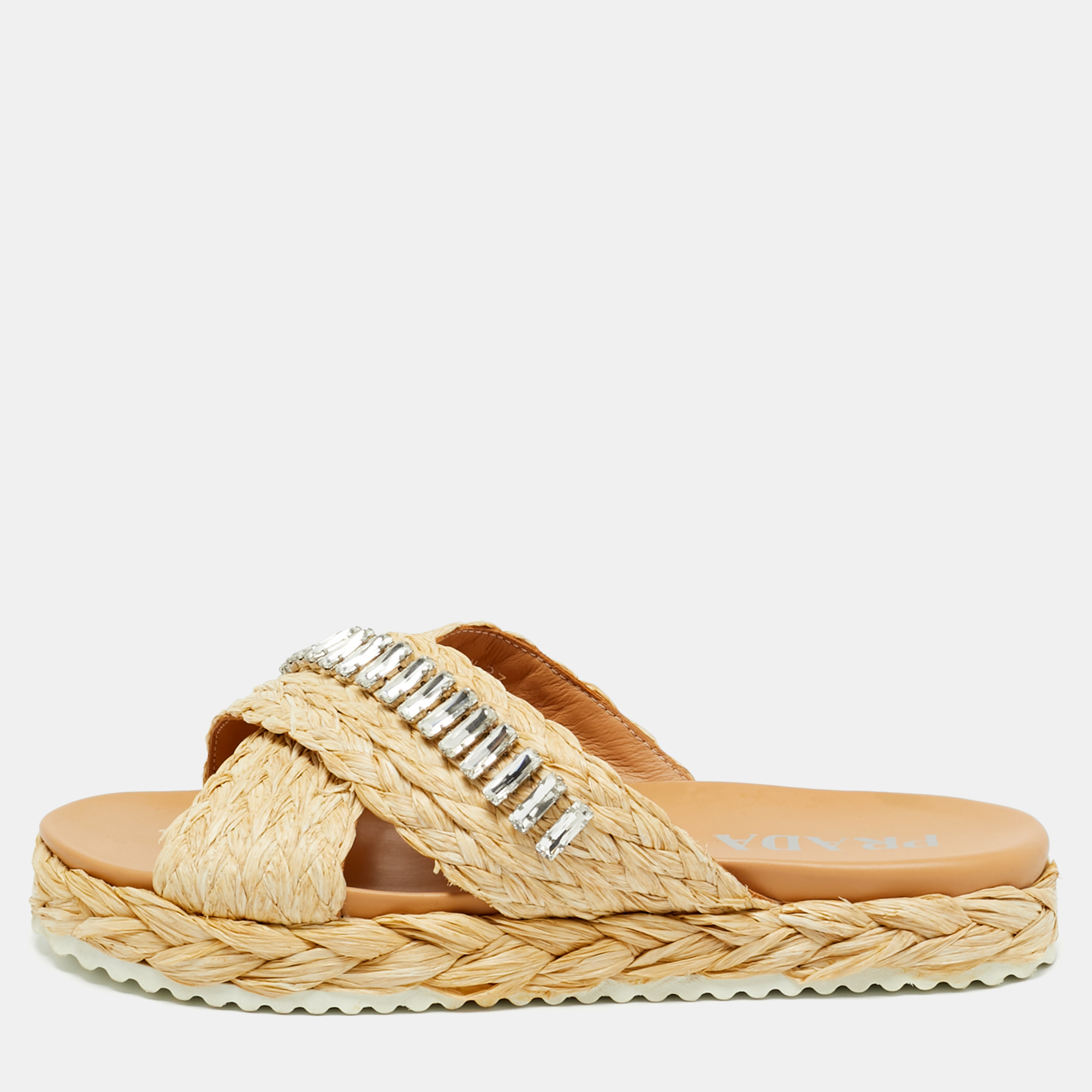 Pre-owned Prada Beige Raffia Crystal Embellished Flat Slides Size 37 In Sand