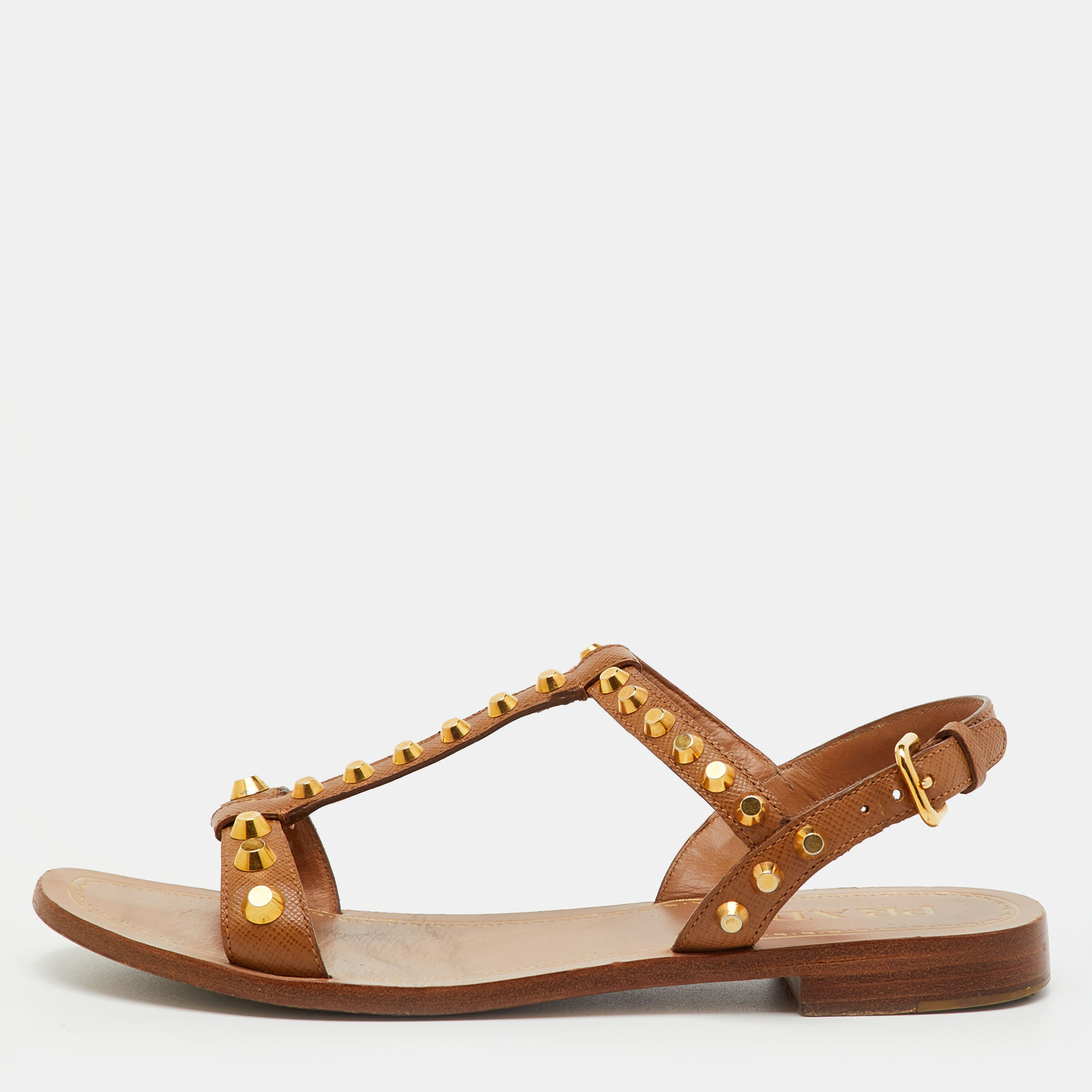 Pre-owned Prada Brown Leather Studded Flat Sandals Size 36