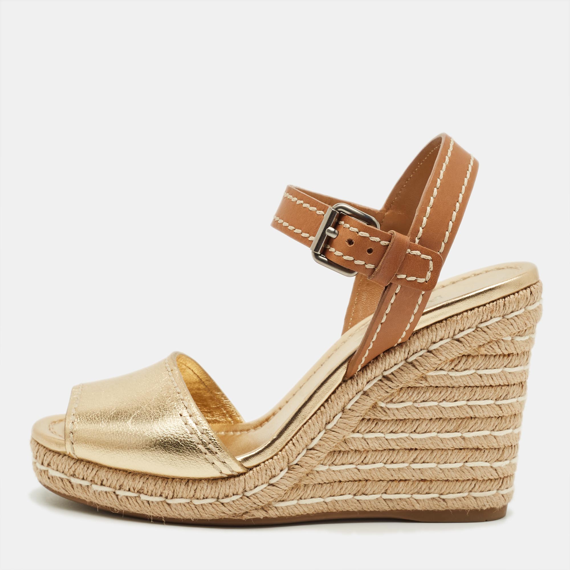 Prada Size 40 Gold/Brown Leather Espadrille Wedge Sandals