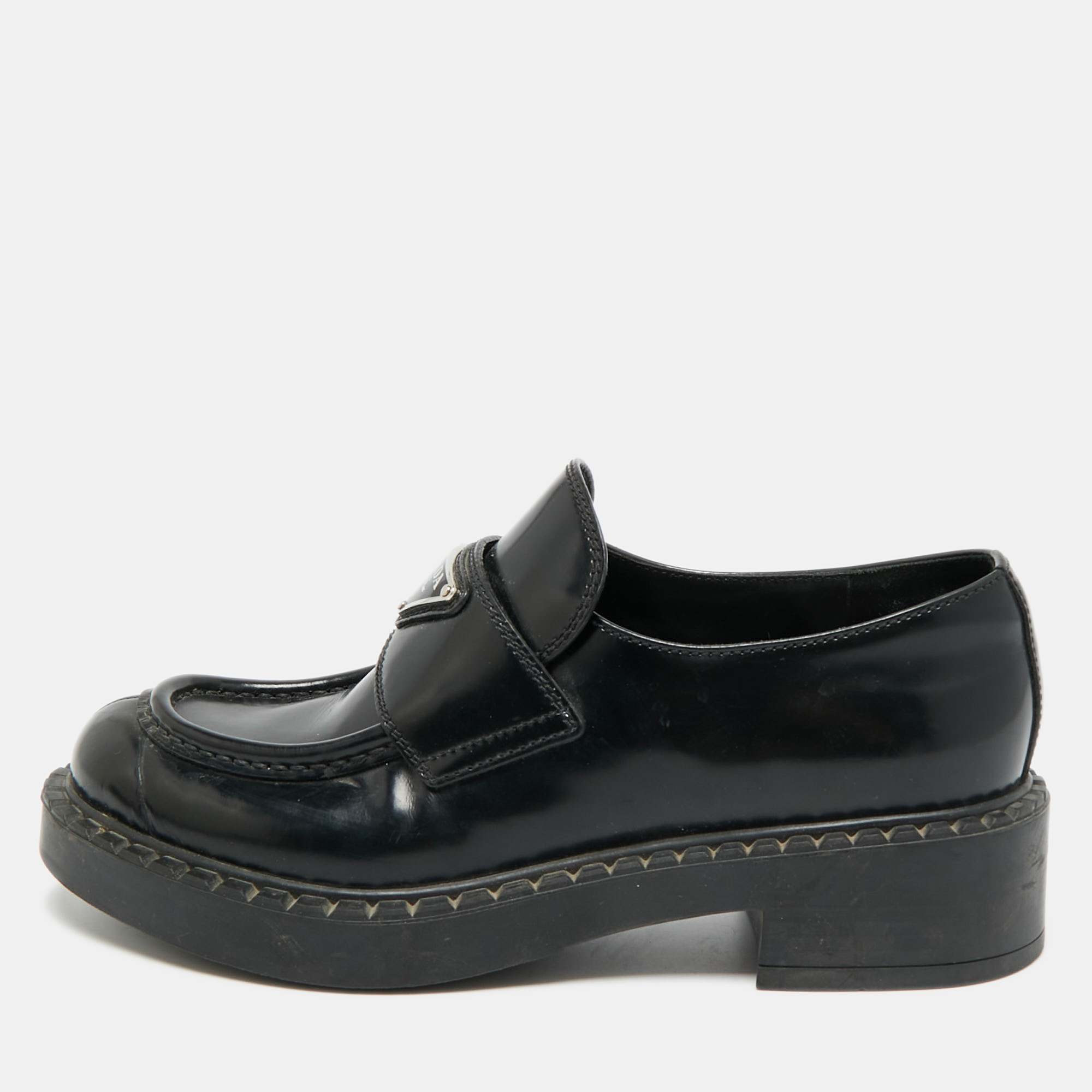 

Prada Triangle Logo Size  Black Leather Slip On Loafers