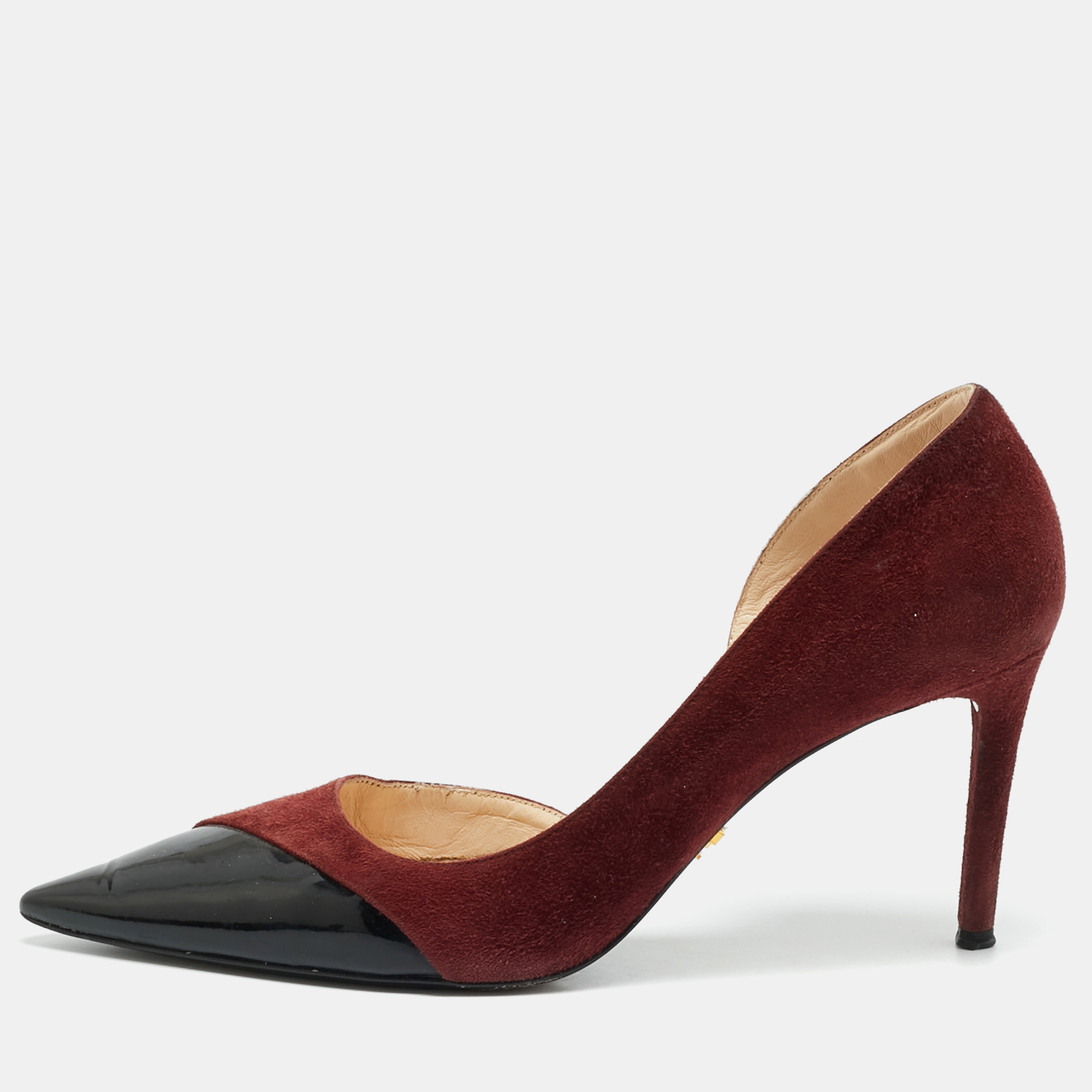 Pre-owned Prada Size 36.5 Burgundy Patent Leather And Suede D'orsay Pumps