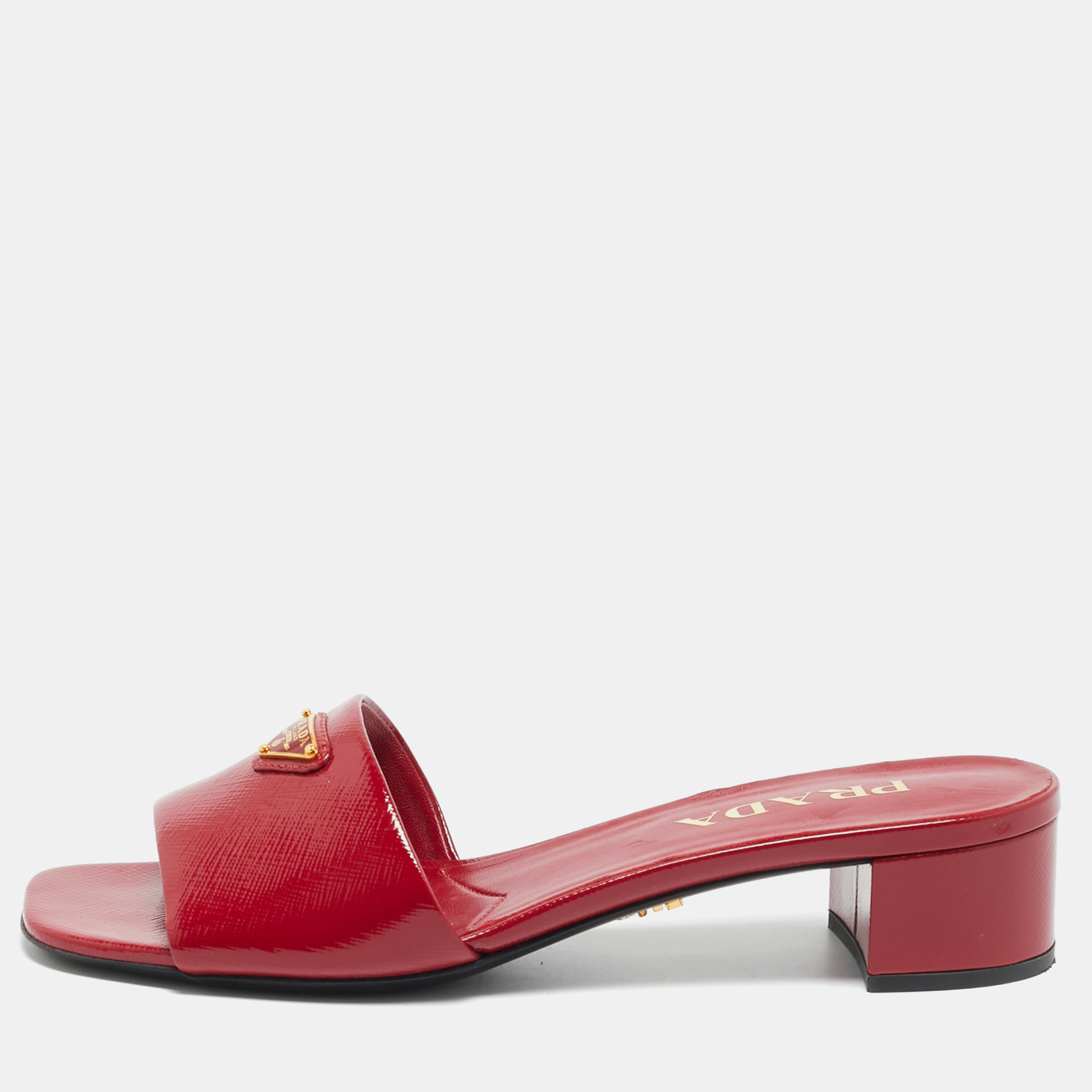 Pre-owned Prada Triangle Logo Size 37 Red Patent Leather Slide Sandals