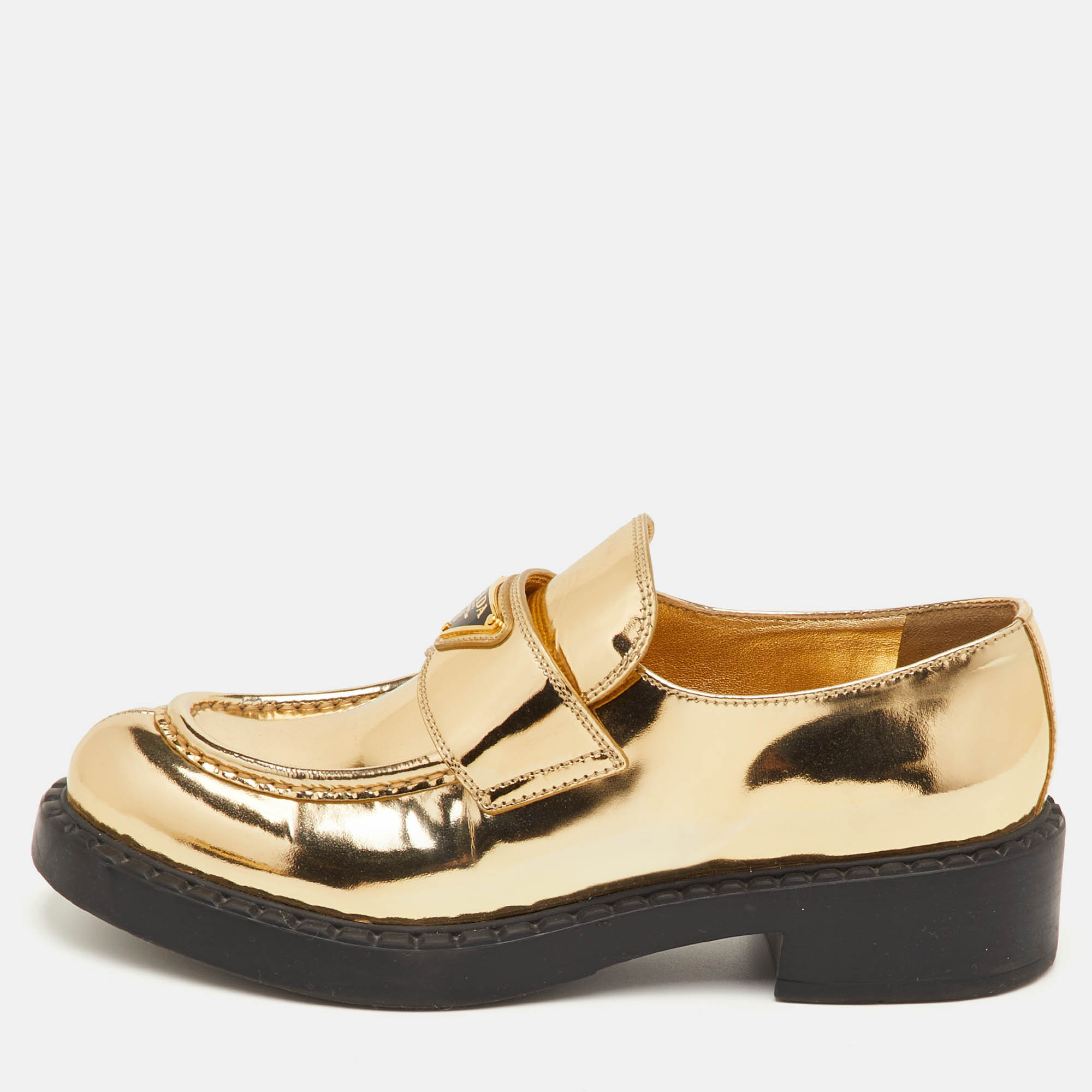 

Prada Size  Gold Patent Leather Triangle Logo Slip On Loafers