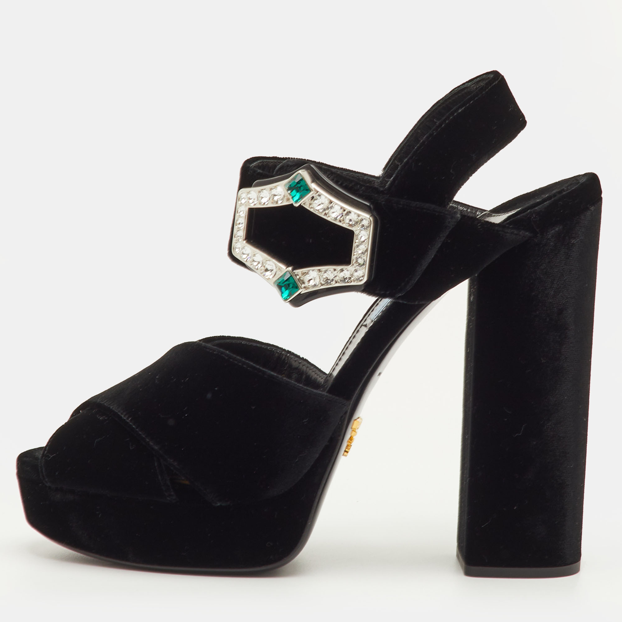 Pre-owned Prada Size 40 Black Velvet Cross Strap Platform Crystal Block Heel Sandals
