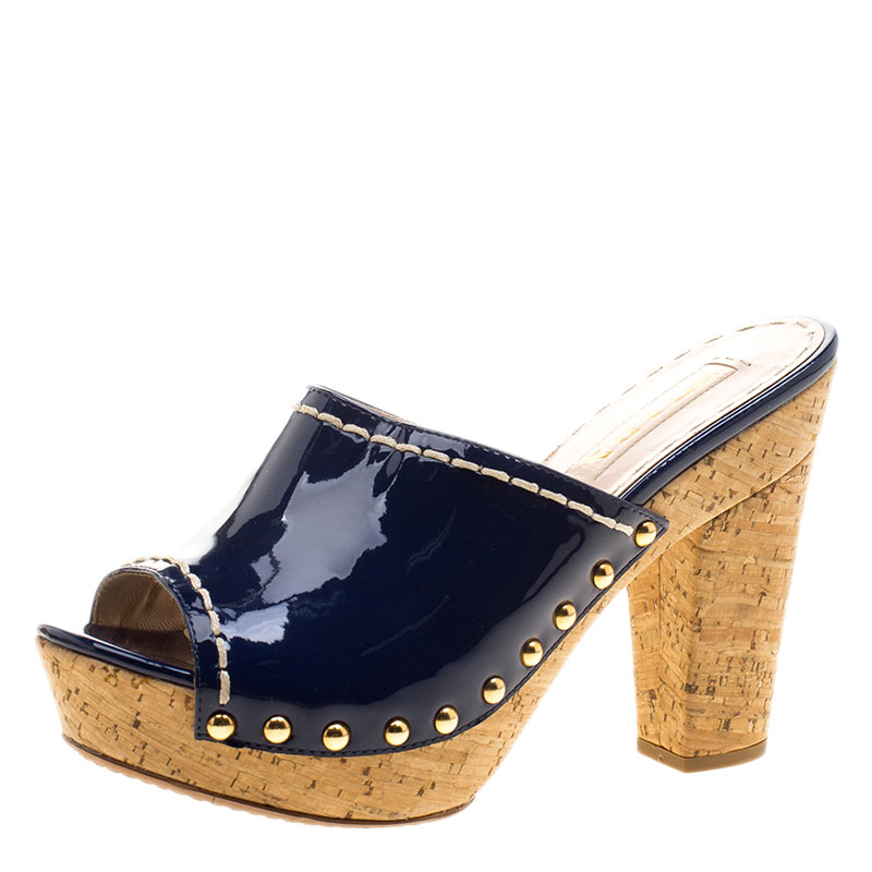 Prada Oxford Blue Patent Leather Cork Heel Peep Toe Slide Sandals Size 36.5