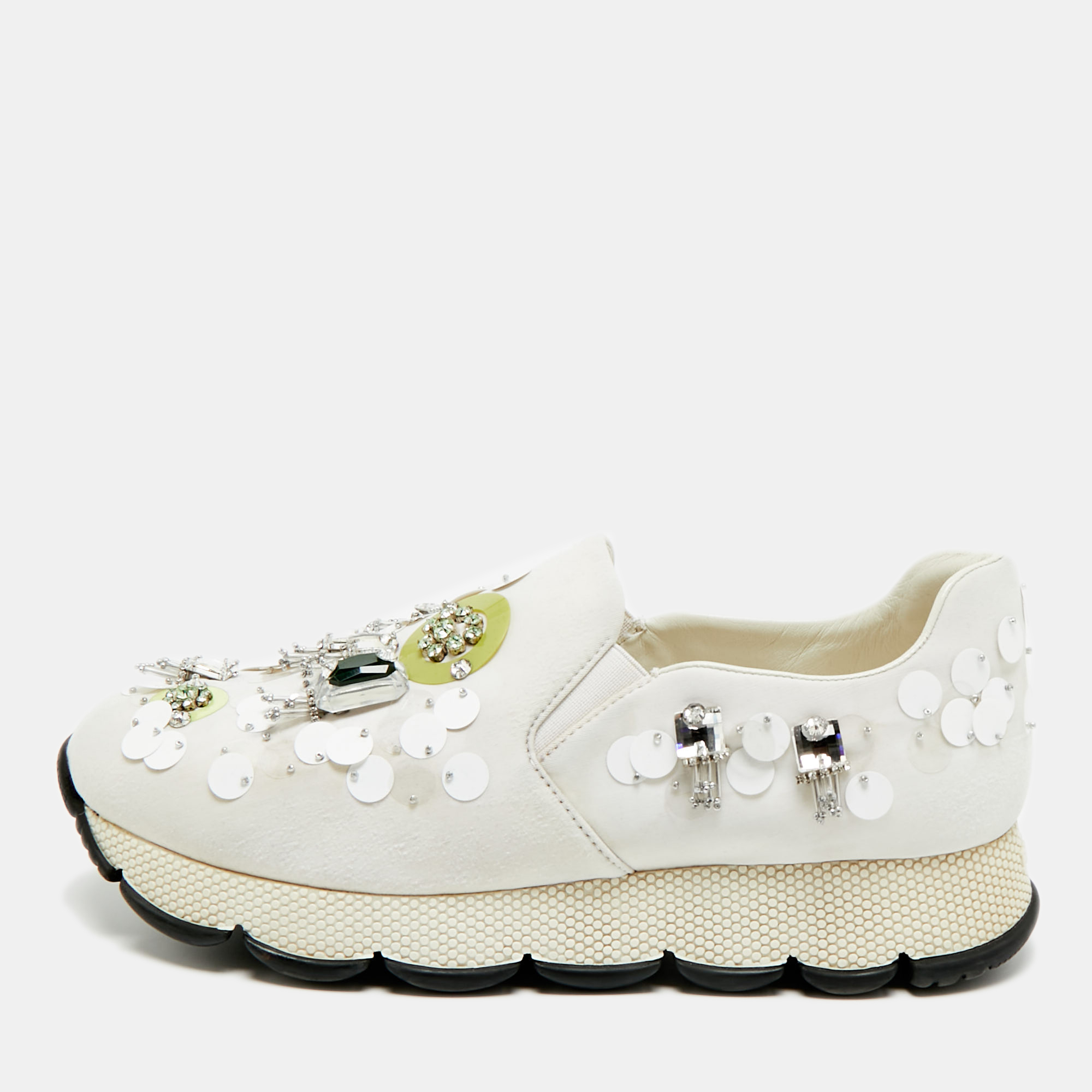 Click to view more detailed imagery on our partner's website Pre-owned Prada Size 38.5 White Fabric Crystal Embellished Slip On Sneakers