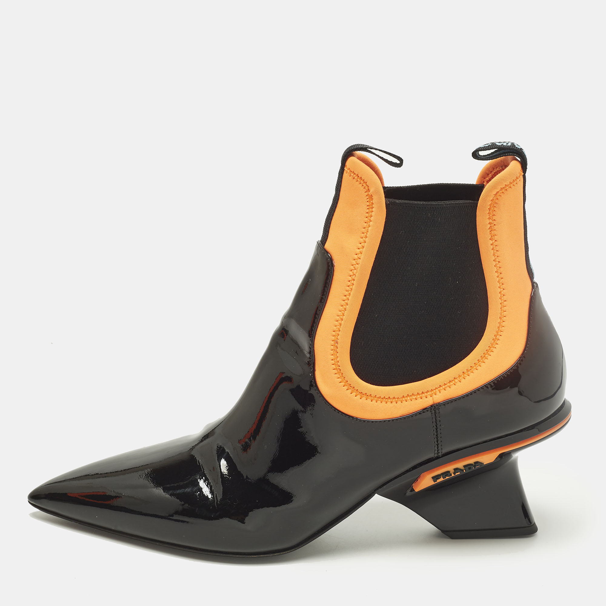 Pre-owned Prada Size 39 Black/orange Neoprene And Patent Leather Pointed Ankle Length Boots