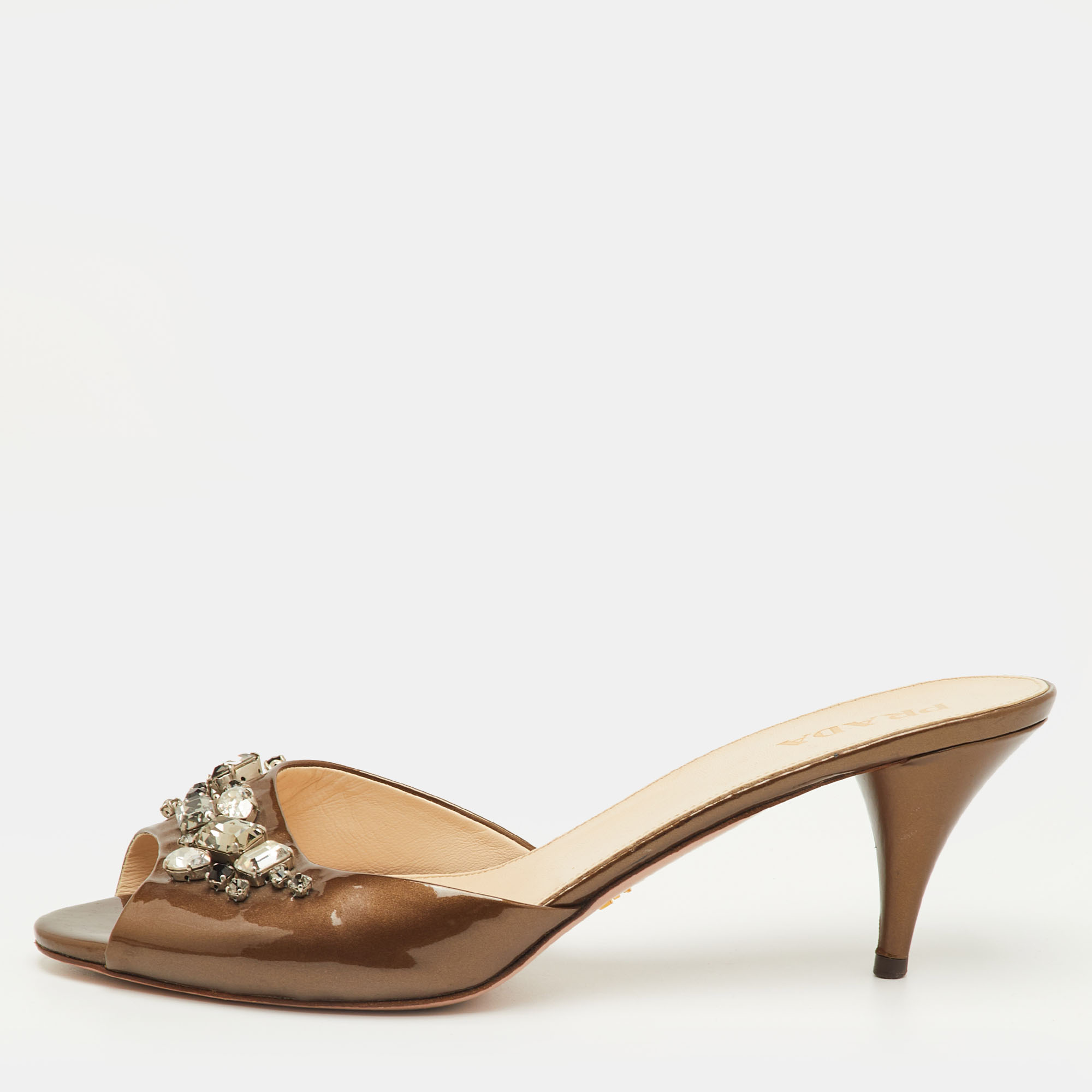 Pre-owned Prada Size 41.5 Brown Crystal Embellished Patent Leather Slide Sandals