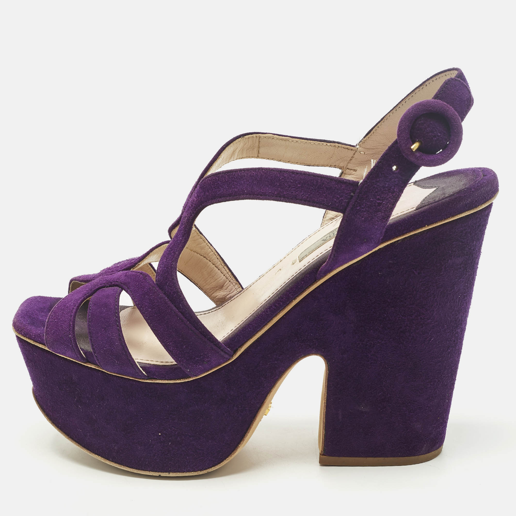 Click to view more detailed imagery on our partner's website Pre-owned Prada Size 38.5 Purple Suede Strappy Platform Sandals