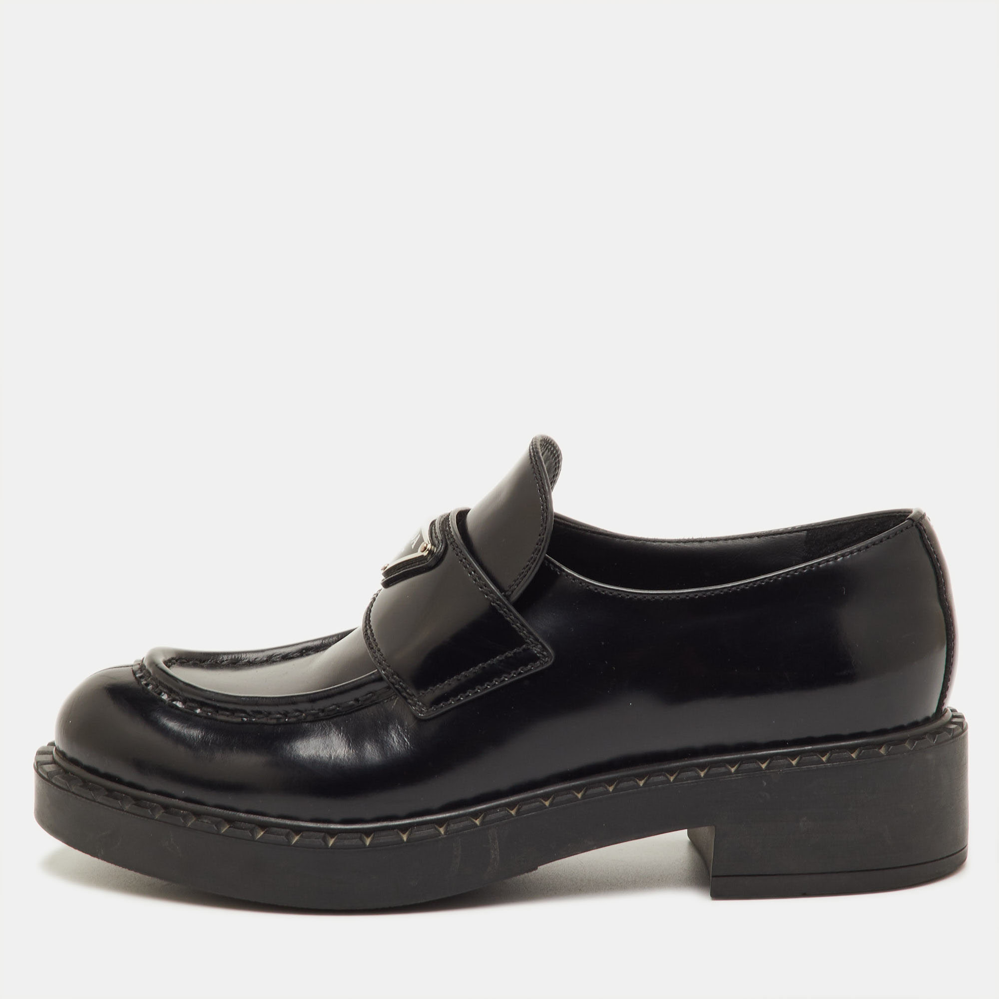 

Prada Triangle Logo Size  Black Brushed Leather Platform Loafers