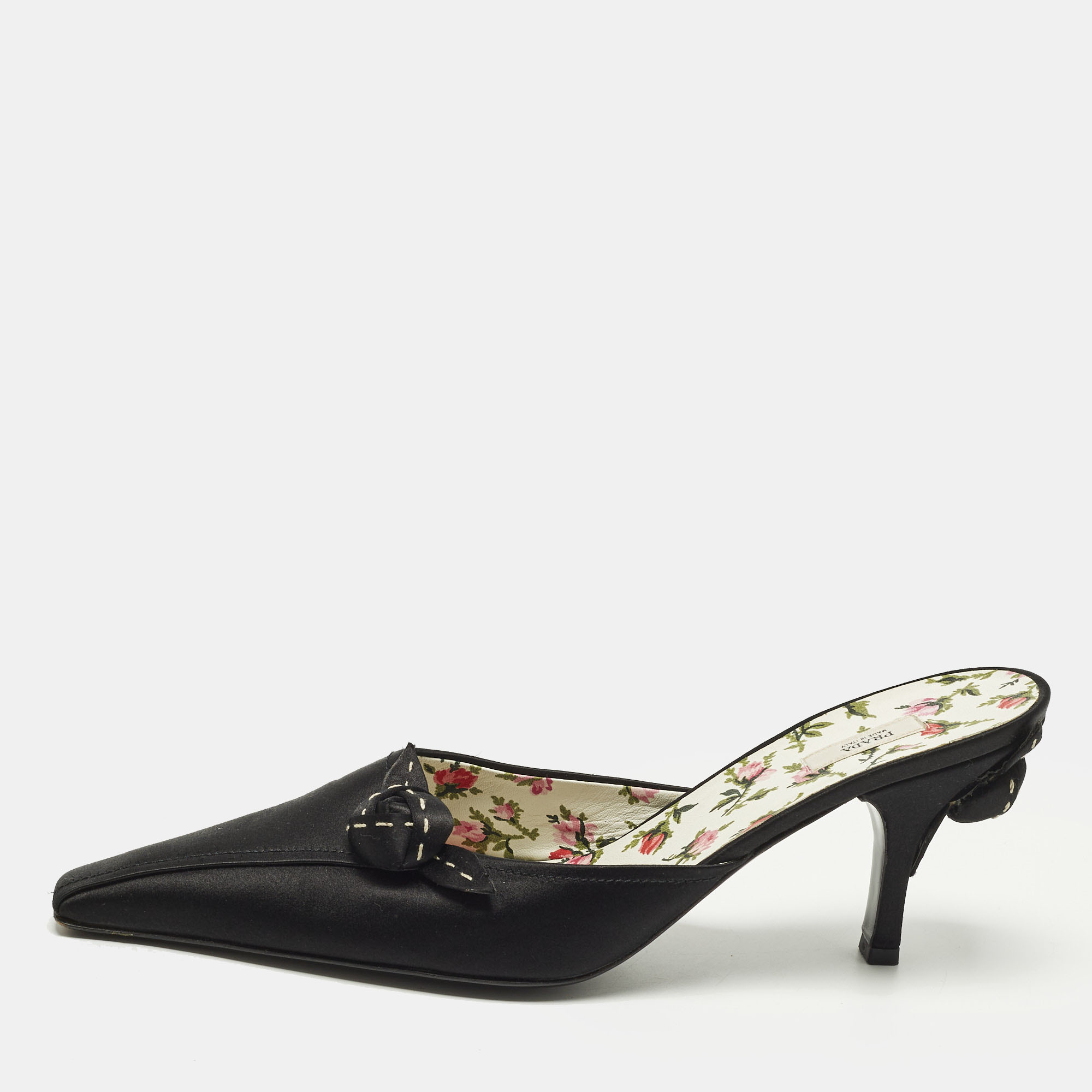 

Prada Size  Black Satin Flower Bow Pointed Toe Mules