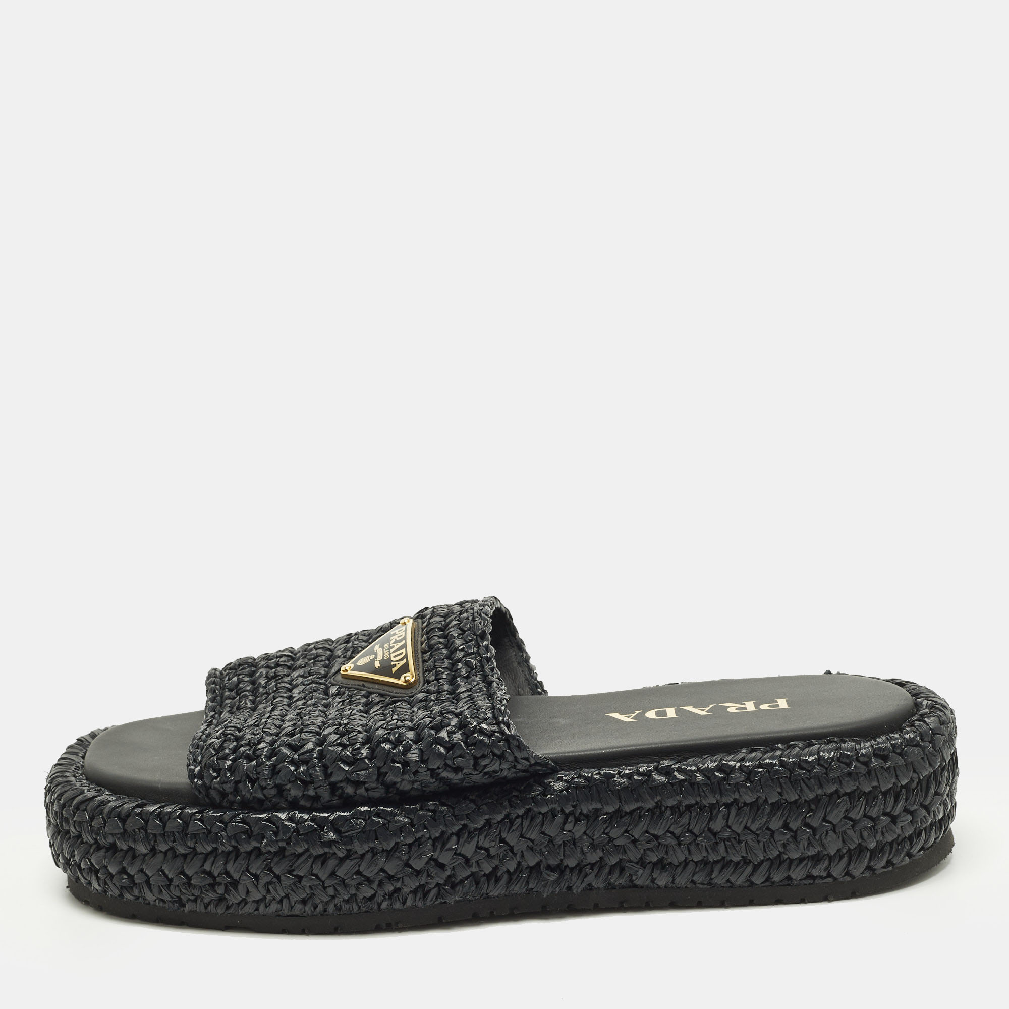 

Prada Size  Black Raffia Triangle Logo Flat Slides