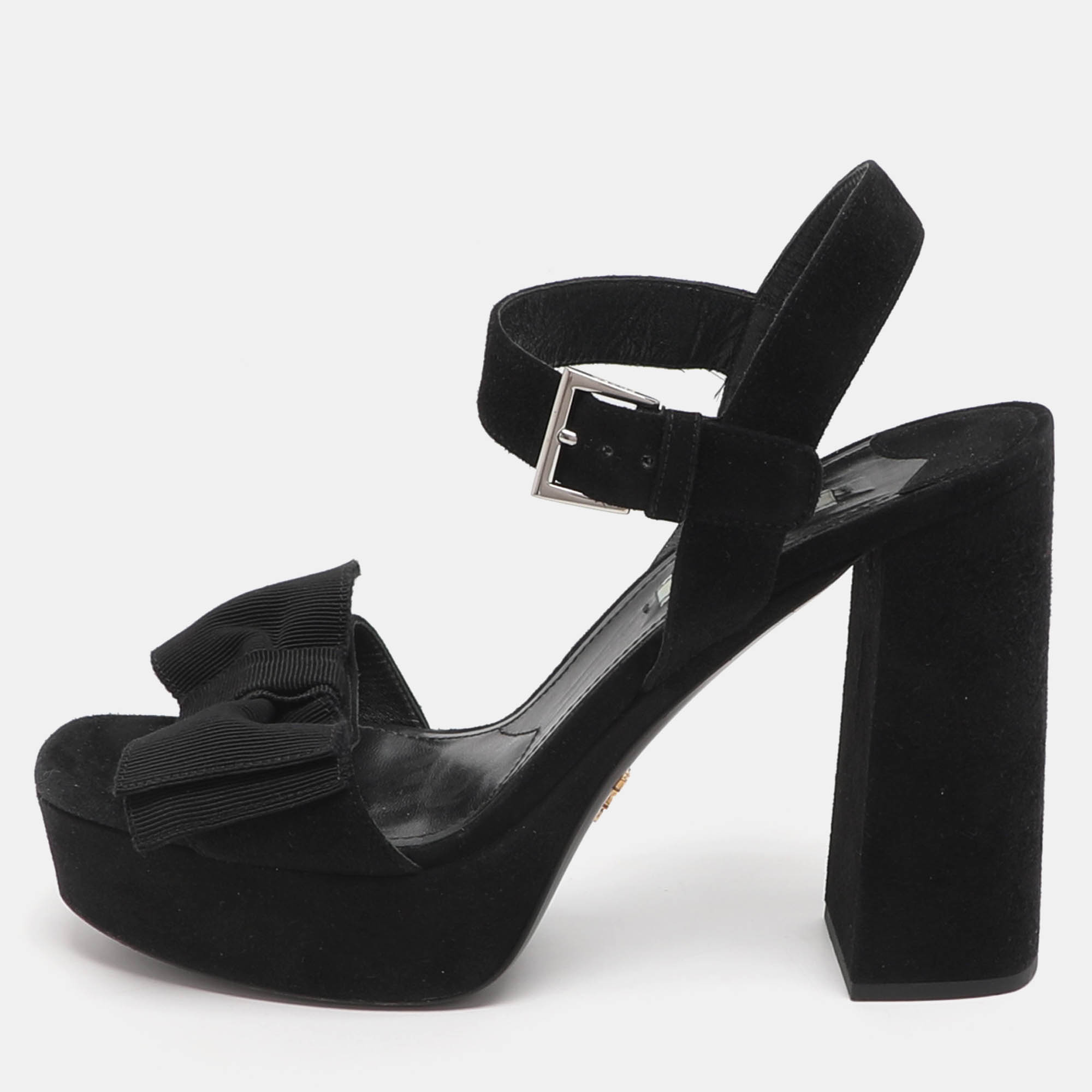 

Prada Bow Size 39 Black Suede Ankle Strap Platform Sandals