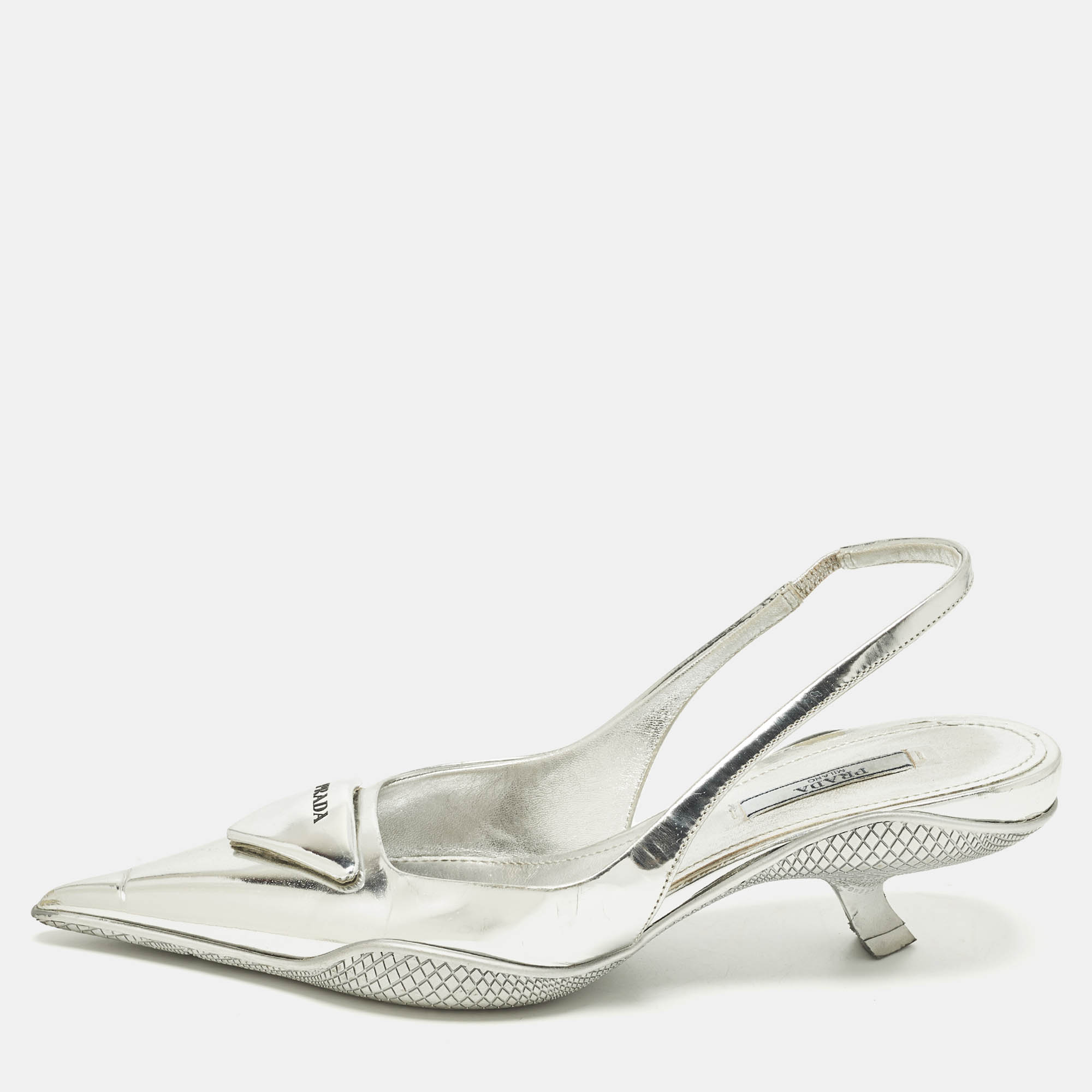 

Prada Size  Silver Leather Pointed Slingback Pumps