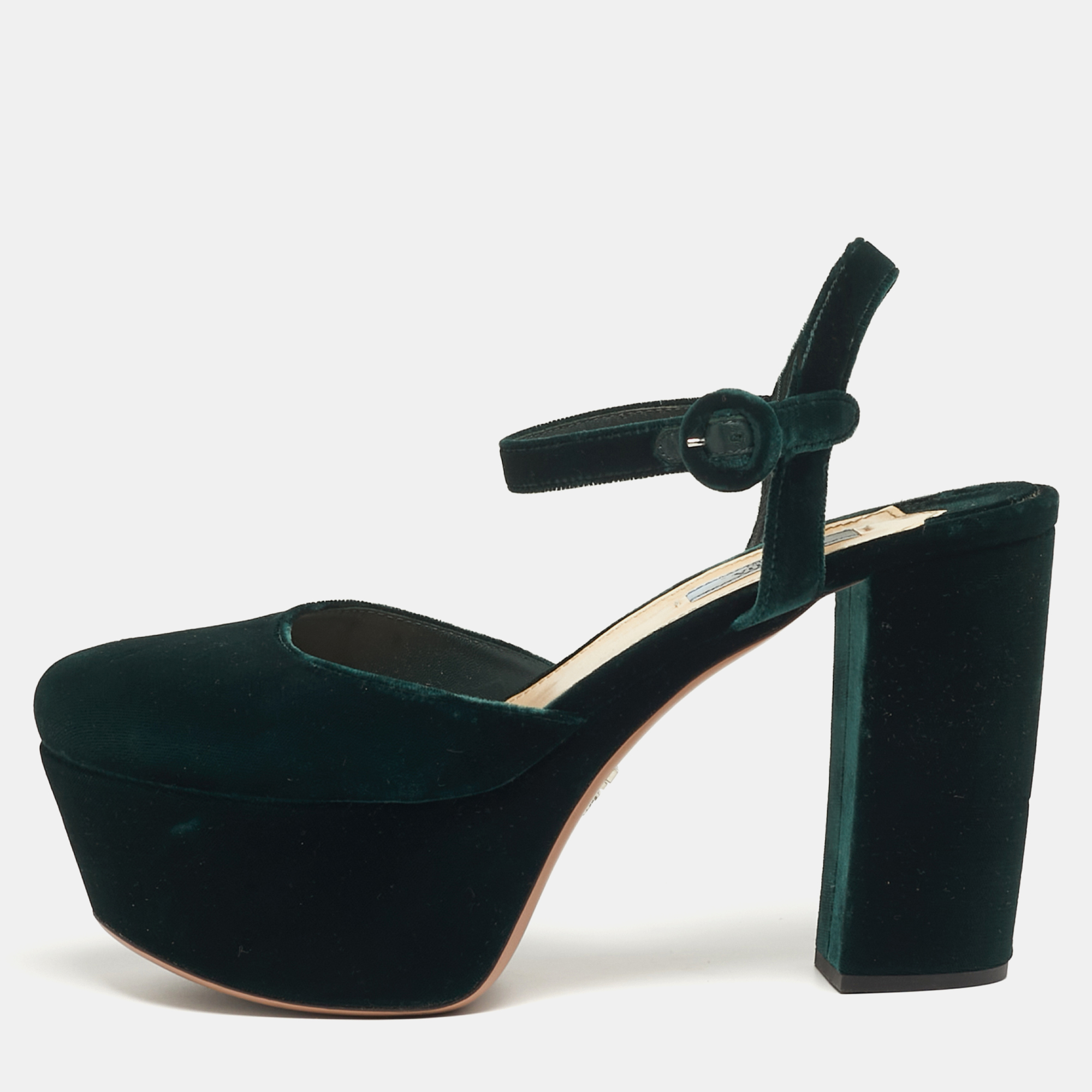 

Prada Size  Green Velvet Platform Ankle Strap Pumps