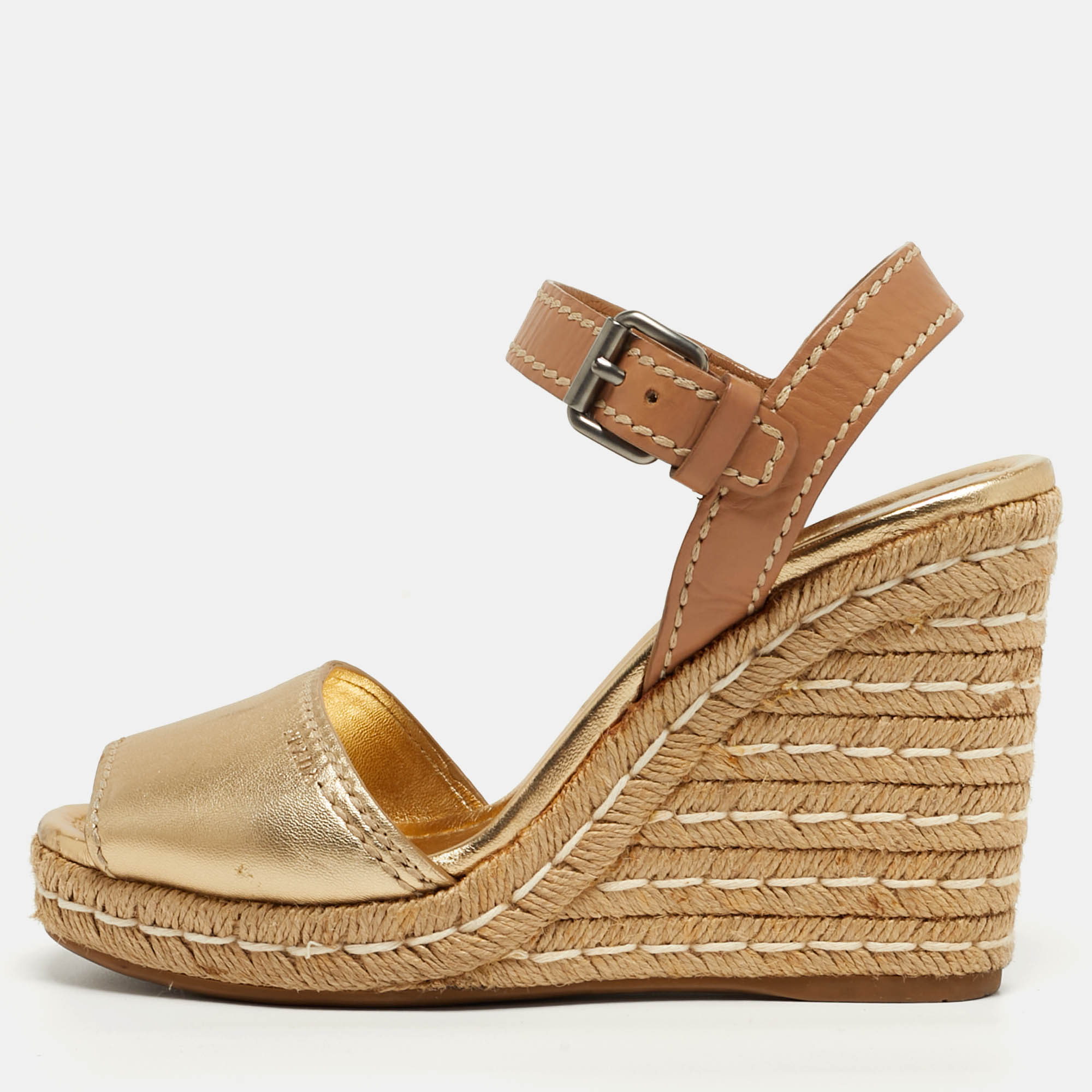 

Prada Ankle Strap Size  Gold/Brown Leather Platform Wedge Sandals