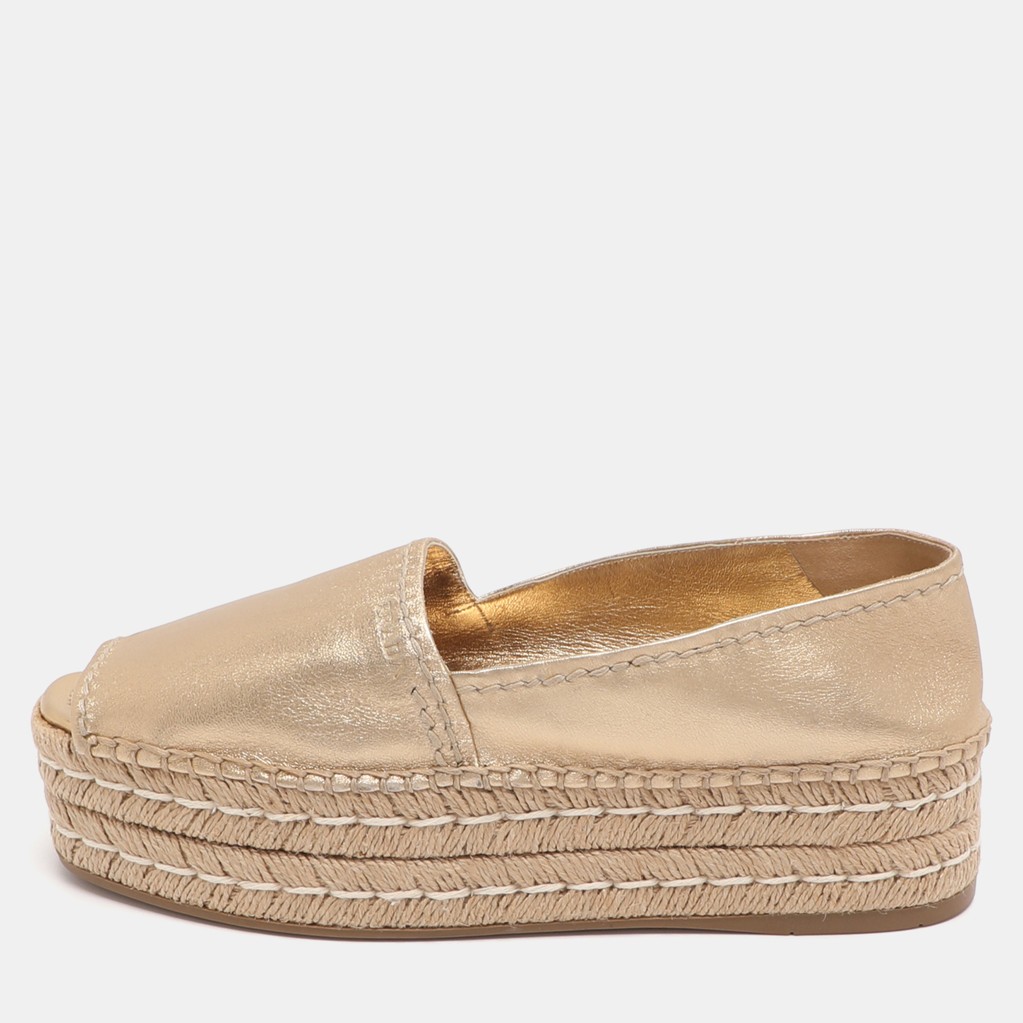 Pre-owned Prada Size 38 Gold Leather Peep Toe Platform Espadrille Flats