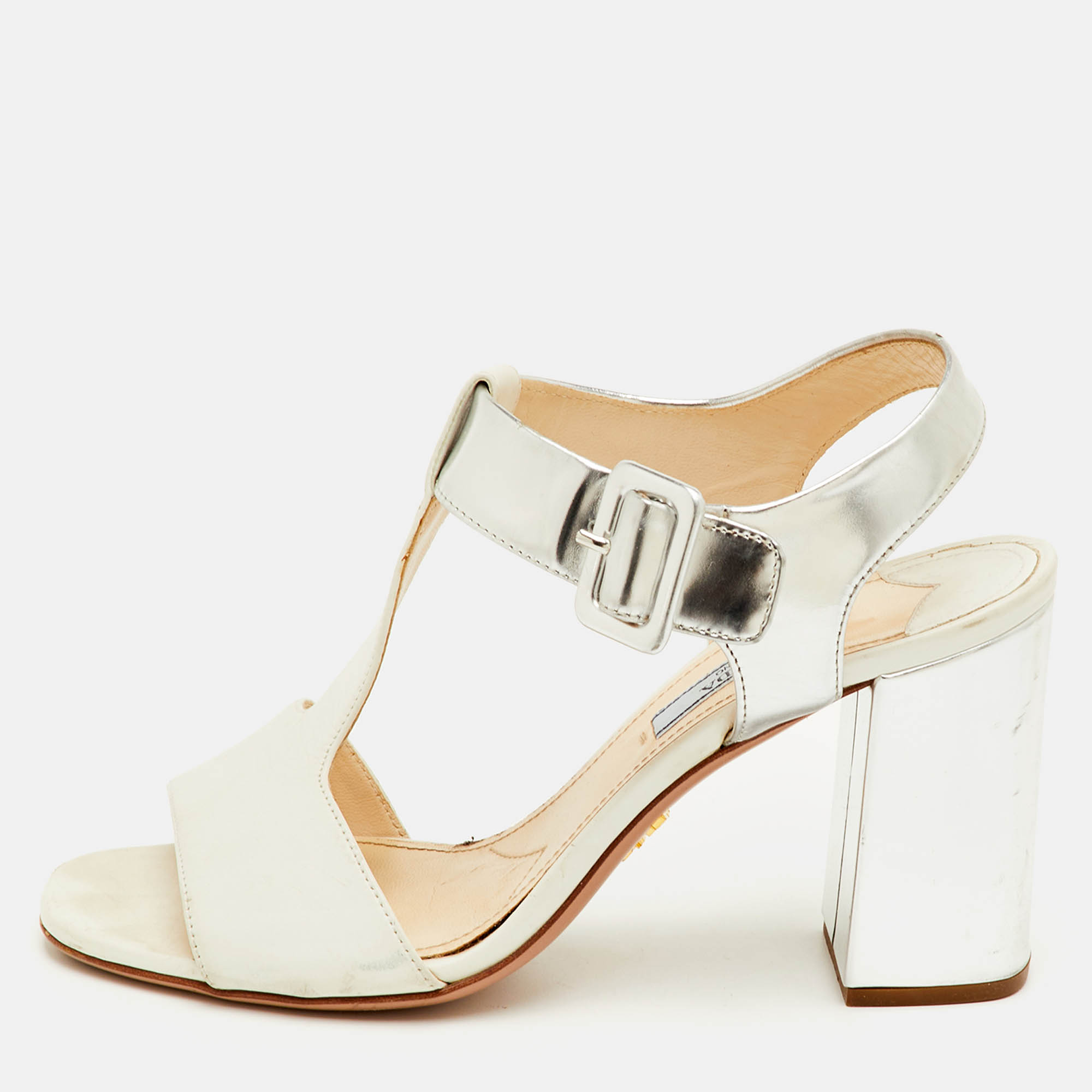 Prada Size 37 White/Silver Leather Block Heel T-Strap Sandals