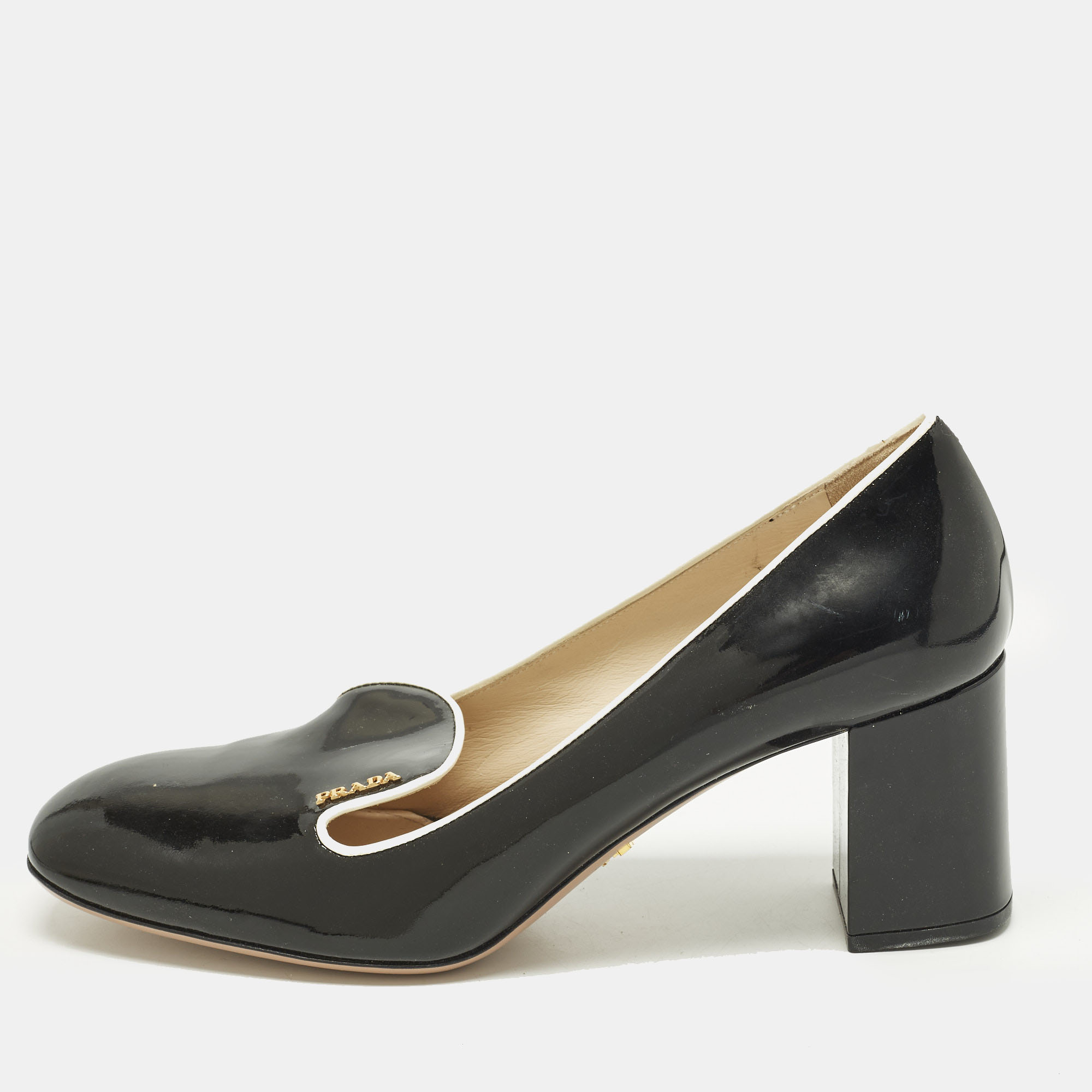 

Prada Size  Black Patent Leather Loafer Block Heel Pumps