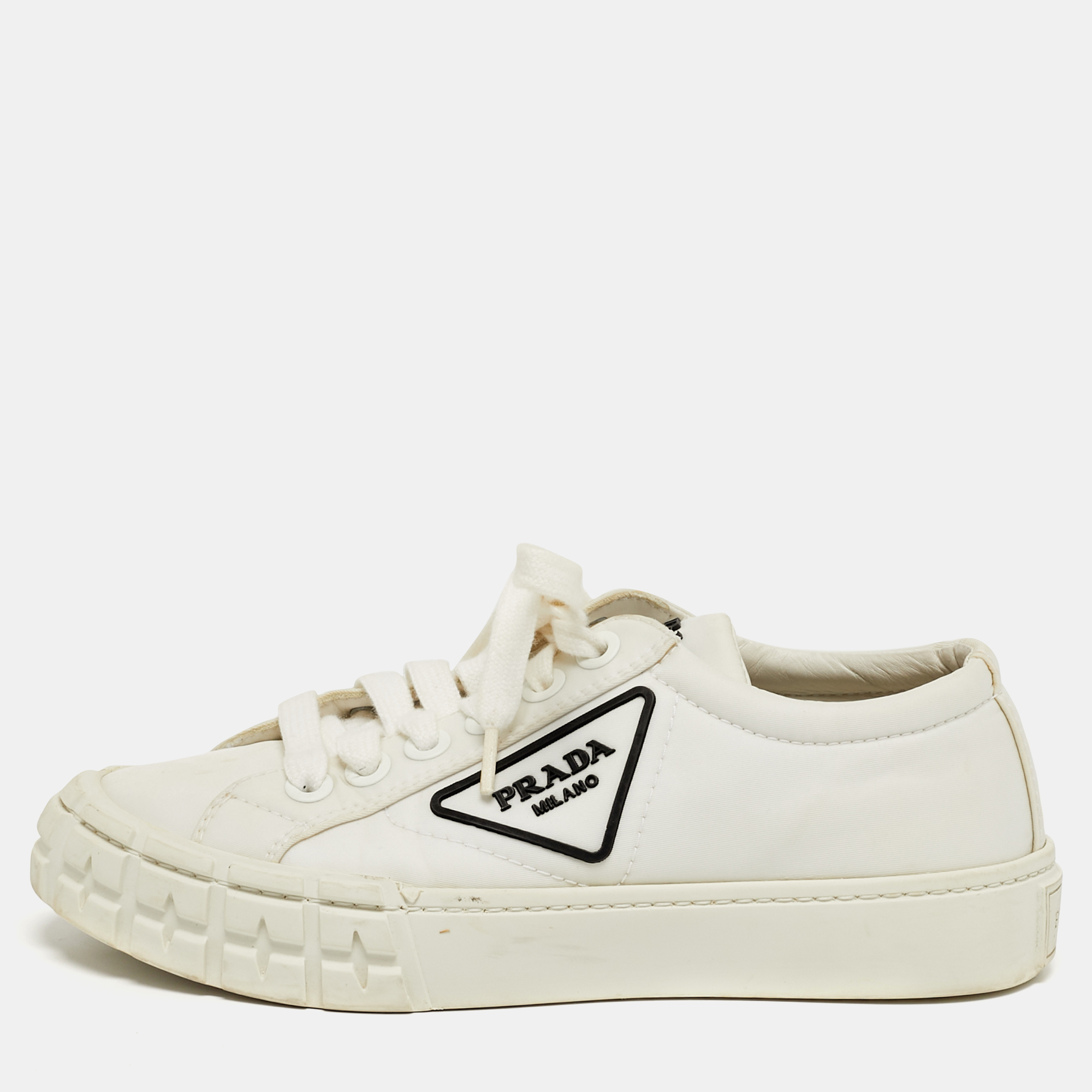 

Prada Wheel Cassetta Size  White Canvas Lace Up Sneakers