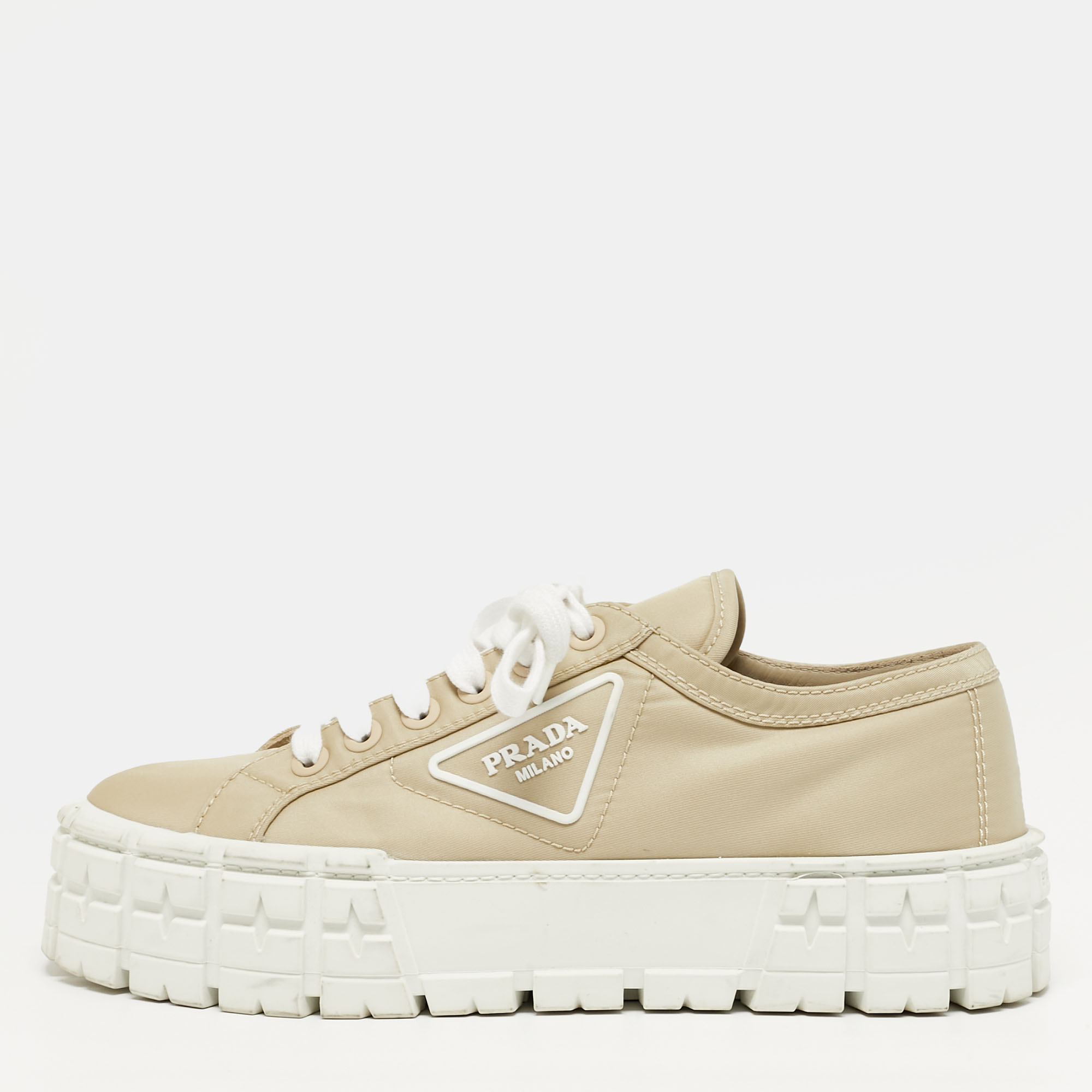 

Prada Double Wheel Size  Beige Nylon Lace Up Sneakers