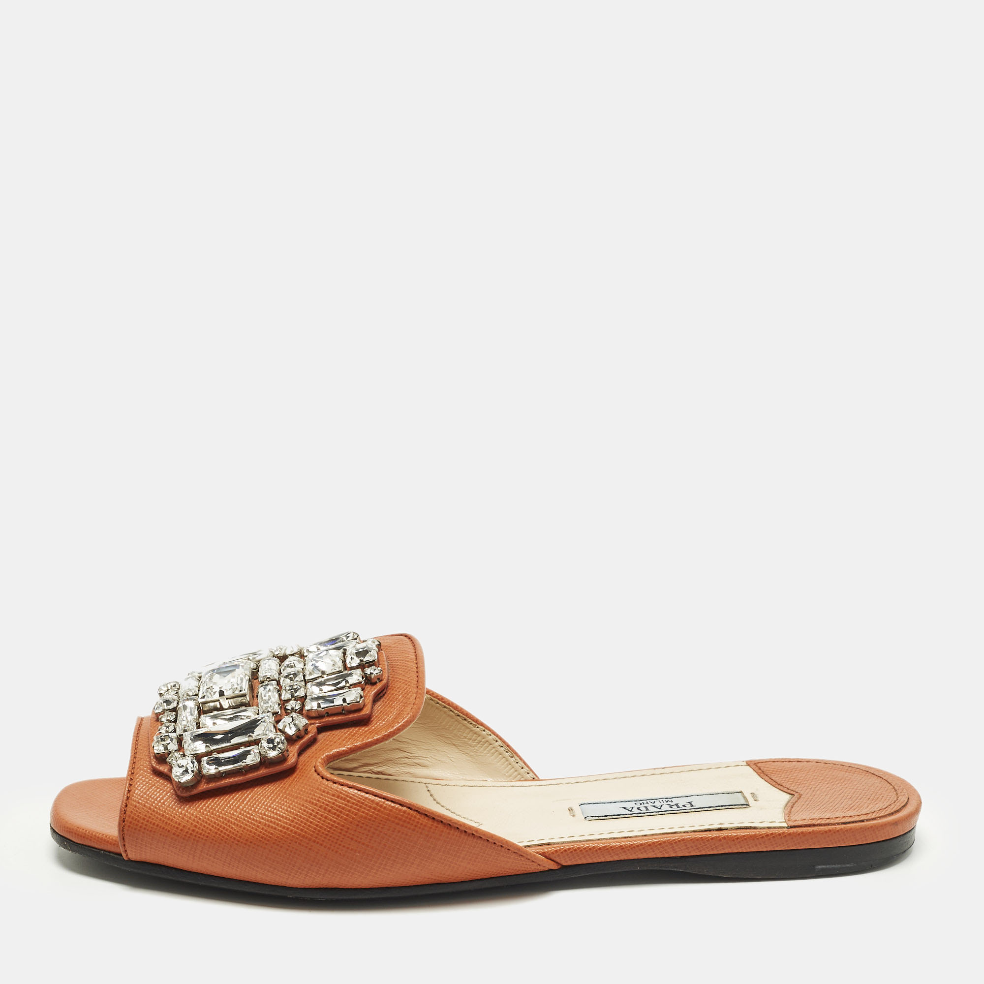 

Prada Size  Orange Saffiano Leather Crystals Embellished Flat Slide
