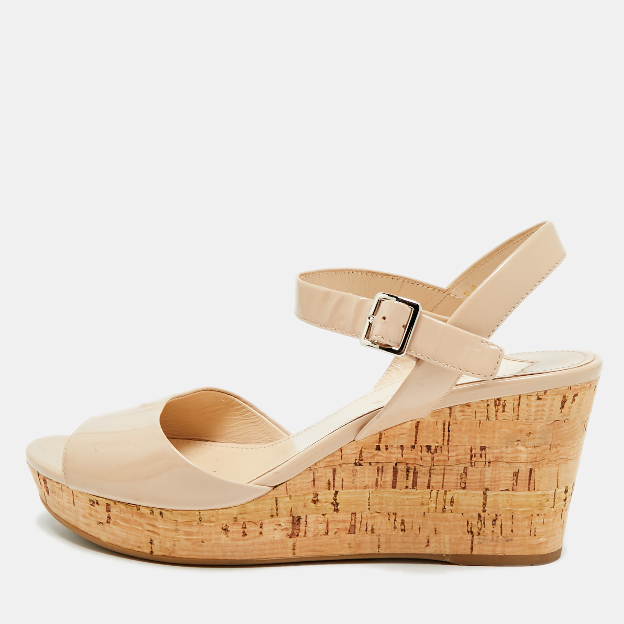 

Prada Size  Beige Patent Leather Cork Wedge Sandals