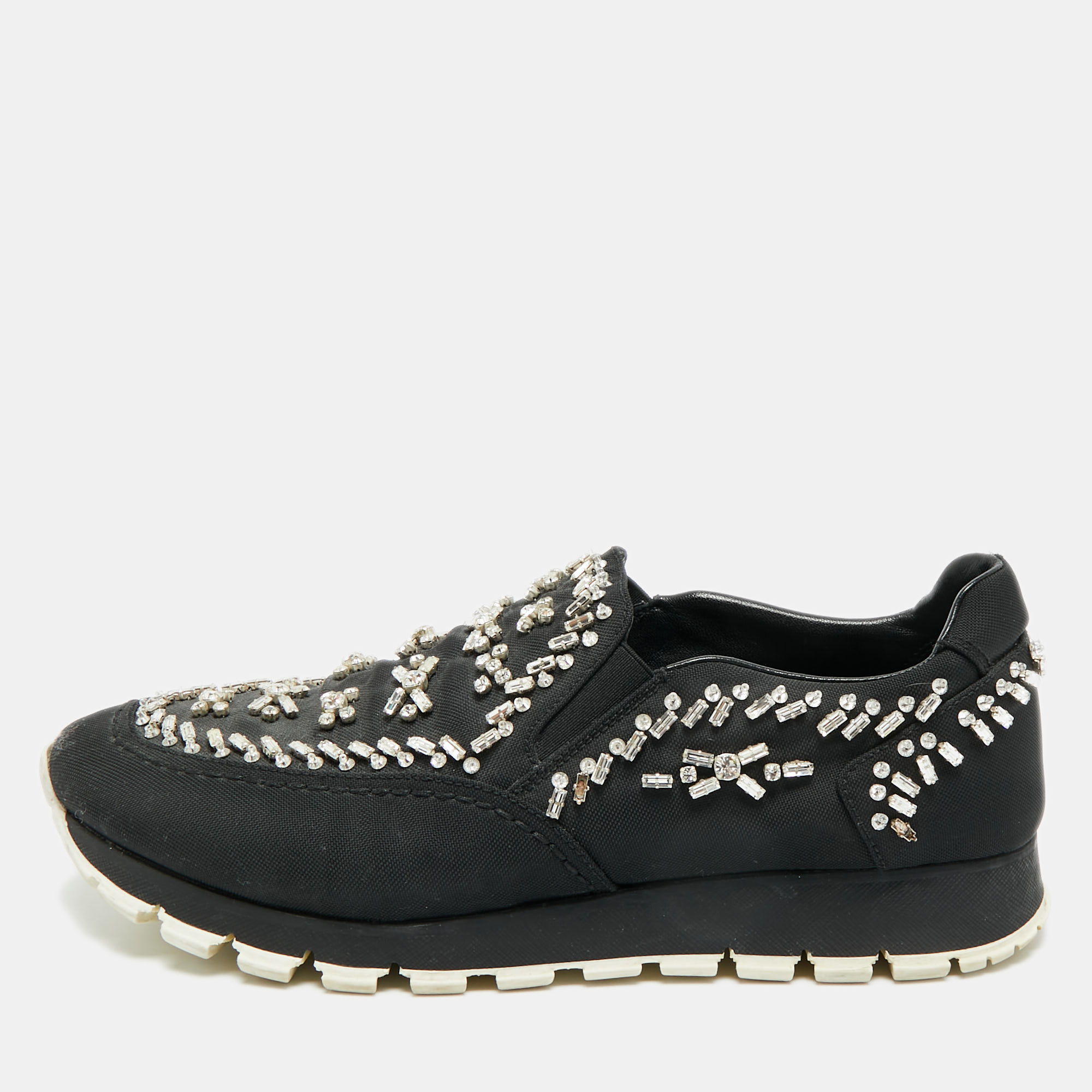 

Prada Size  Black Canvas Crystal Embellished Slip On Sneakers
