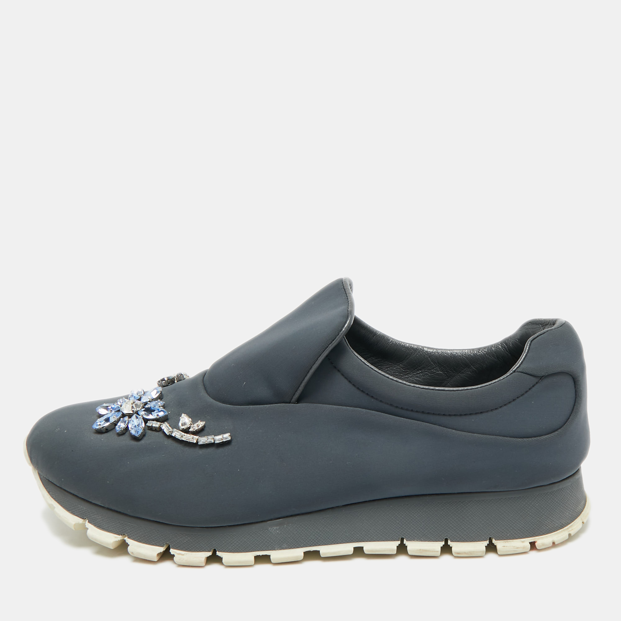 

Prada Catch Me If You Can Size  Grey Neoprene Crystal Embellished Slip On Sneakers