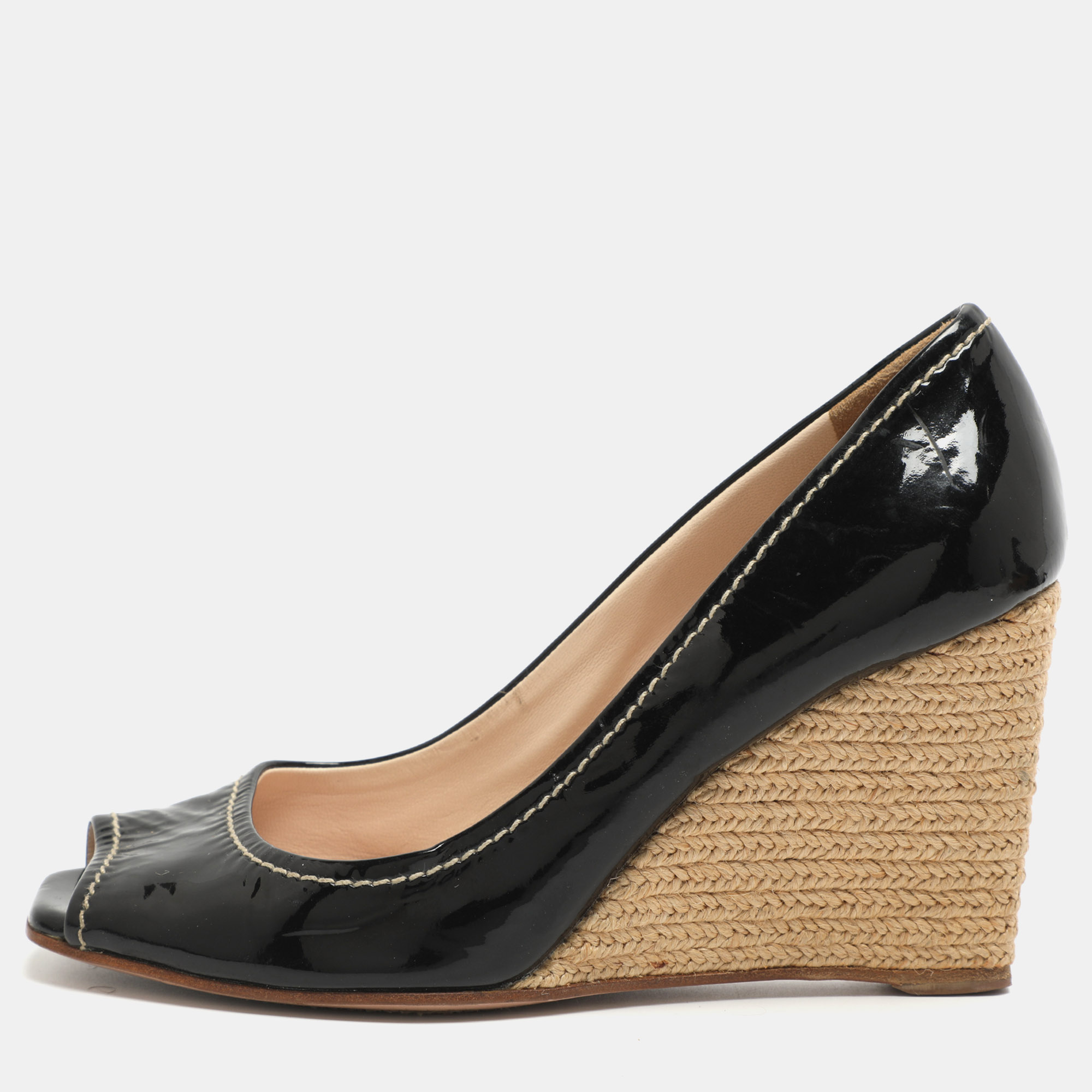 

Prada Size 37 Black Patent Leather Wedge Espadrilles Peep Toe Pumps