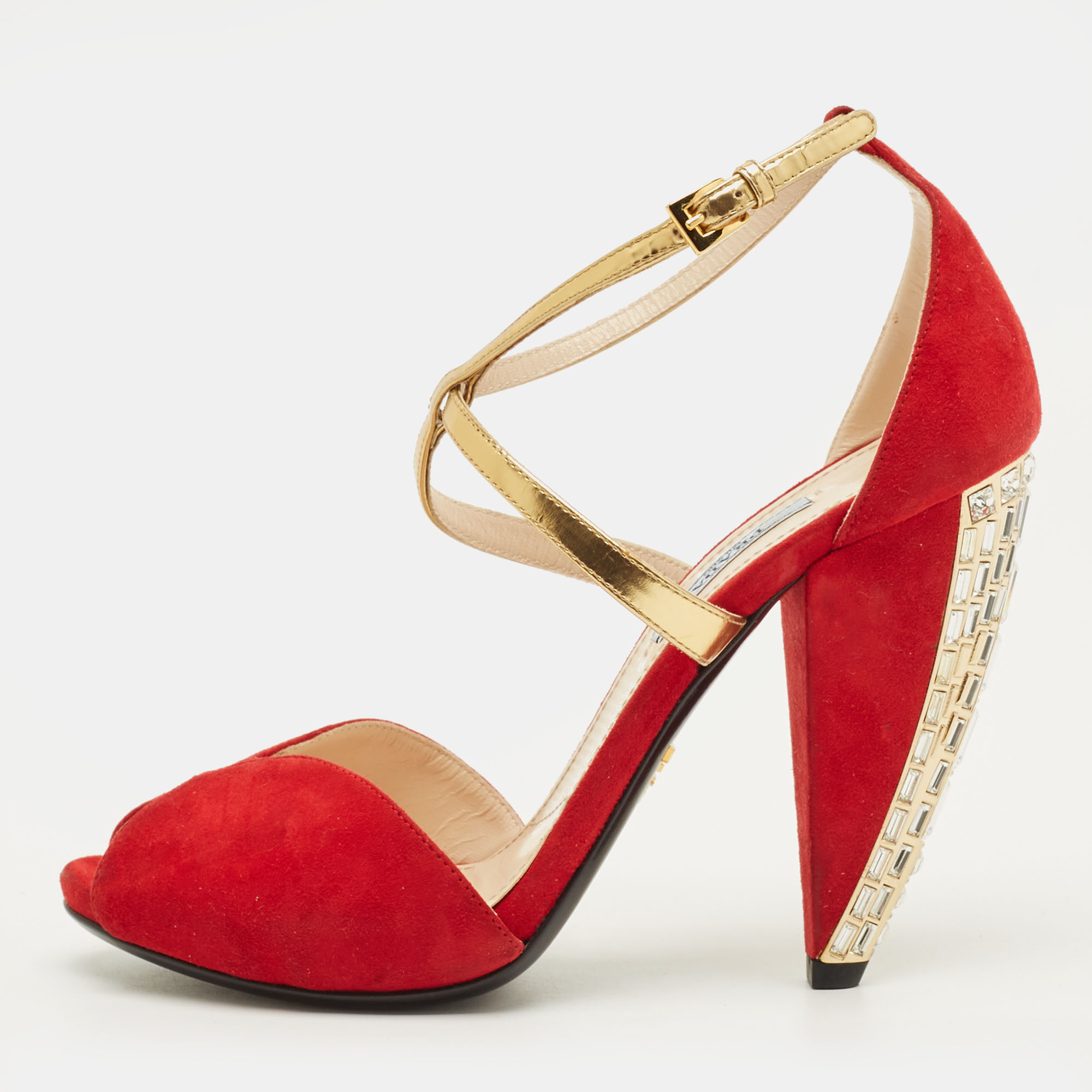 

Prada Vinho Size  Red/Gold Leather and Suede Ankle Strap Sandals