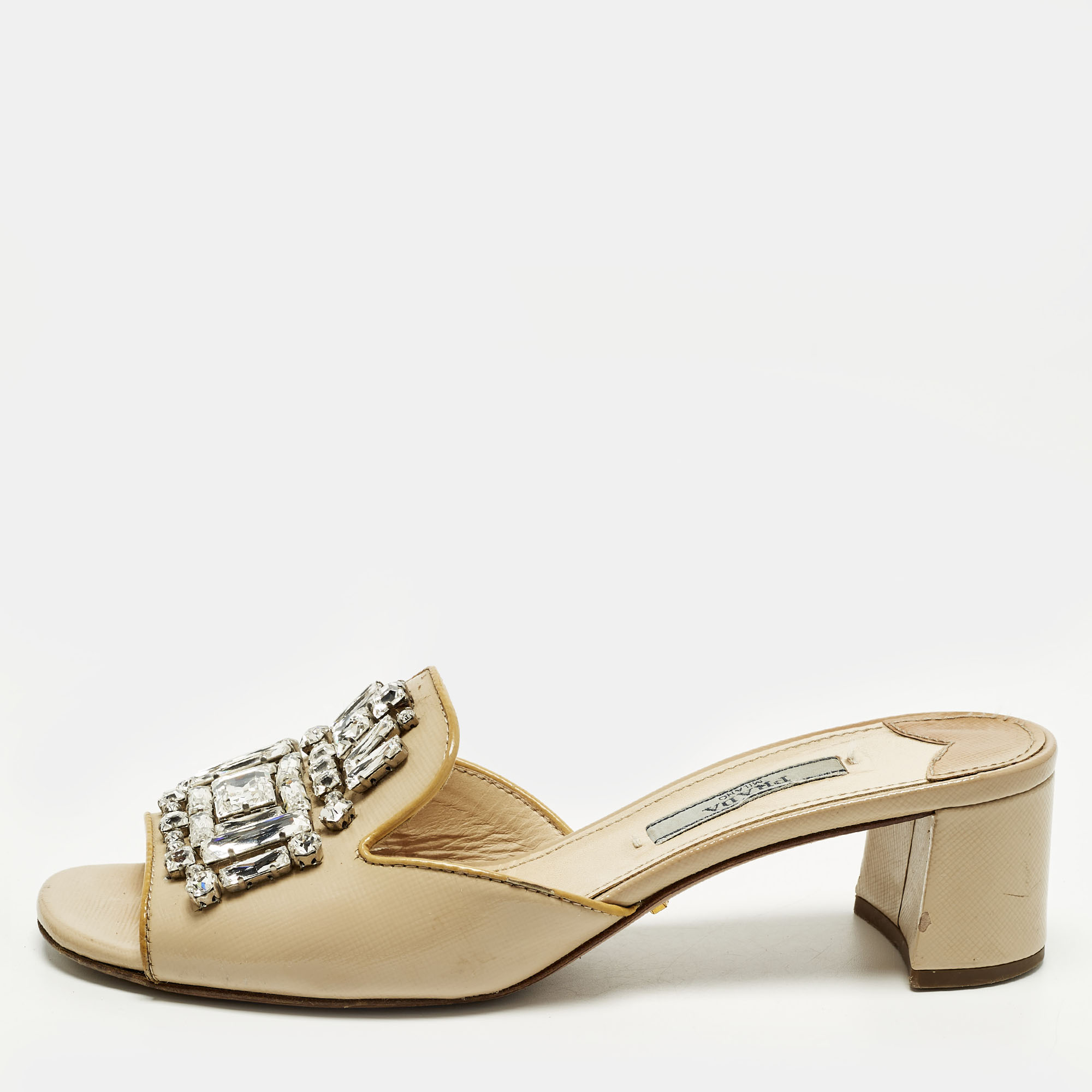 

Prada Saffiano Size  Beige Patent Leather Crystal Embellished Block Heel Slide Sandals