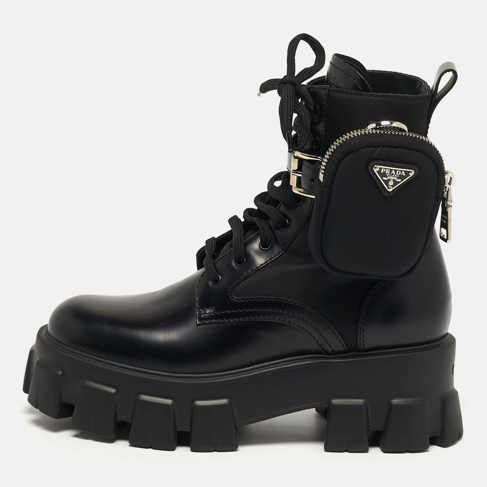

Prada Monolith Size  Black Leather and Nylon Mid Calf Boots