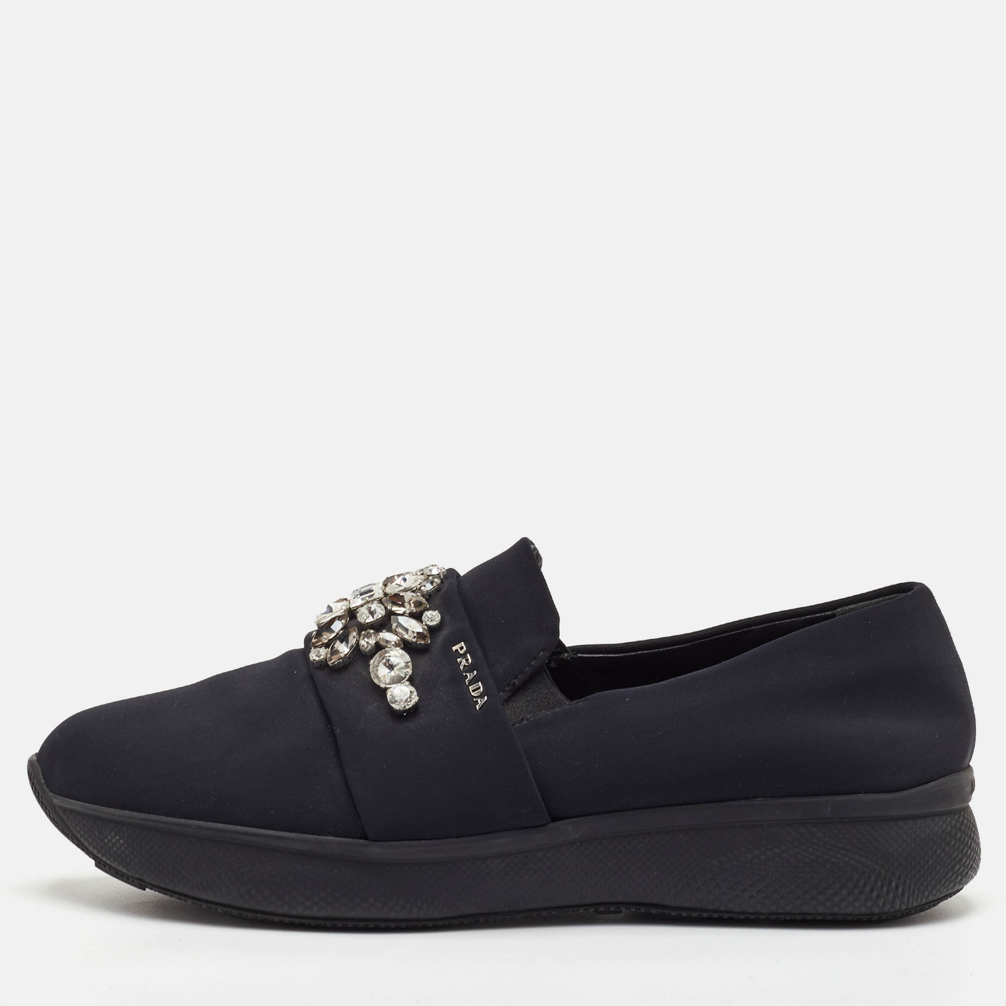 

Prada Size  Black Neoprene Crystal Embellished Slip On Sneakers