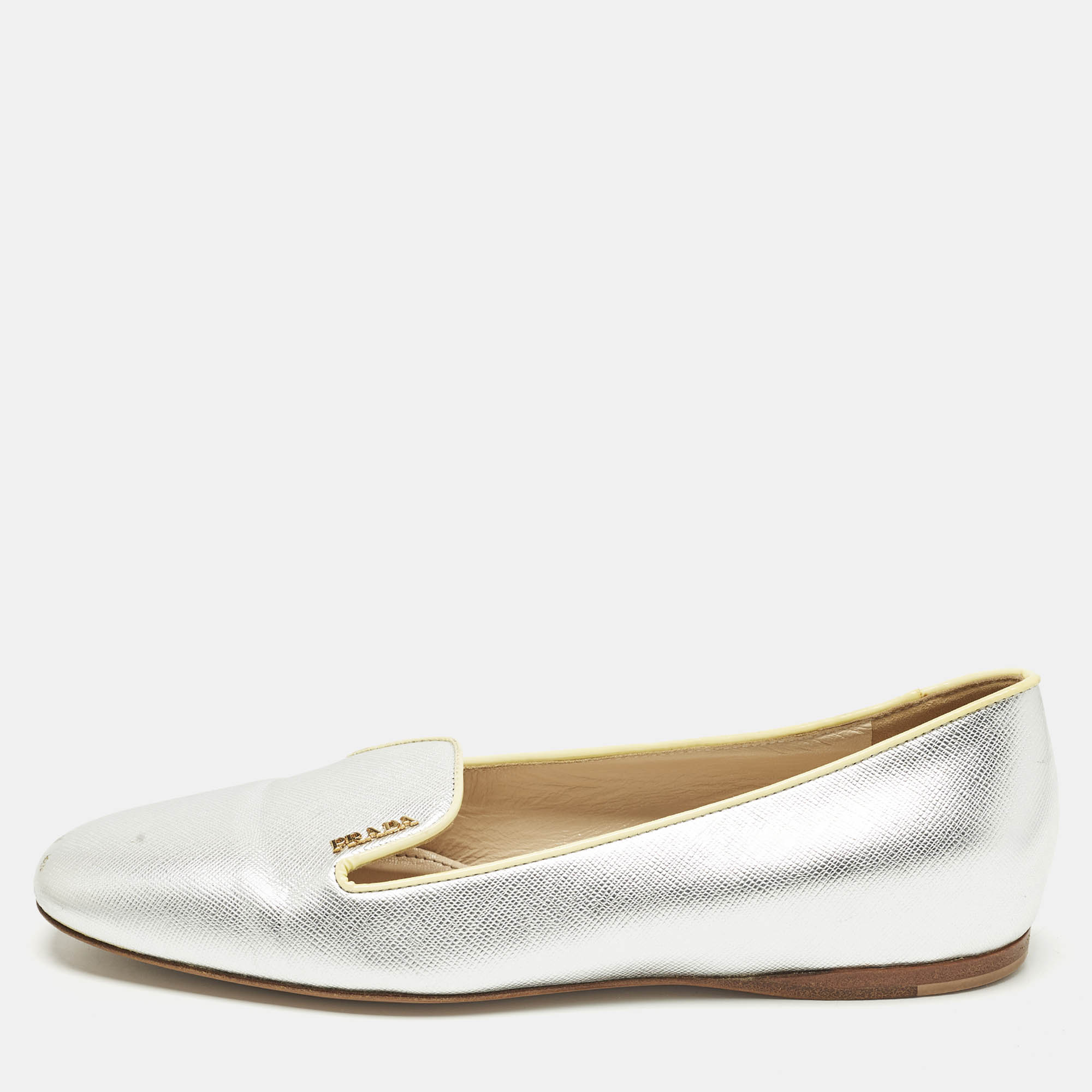 Pre-owned Prada Size 36 Metallic Saffiano Leather Smoking Slippers In Silver