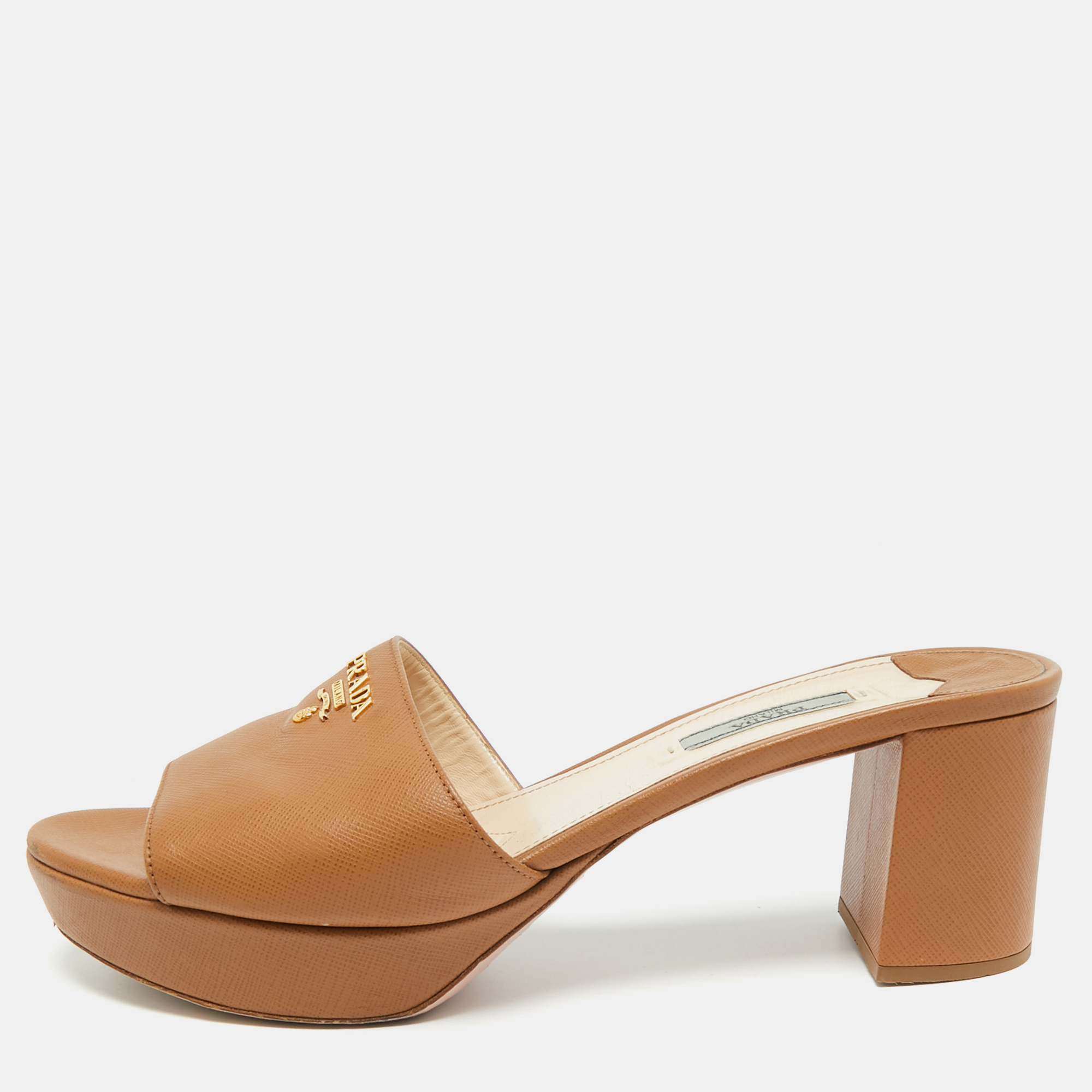 

Prada Size  Brown Saffiano Leather Platform Slide Sandals