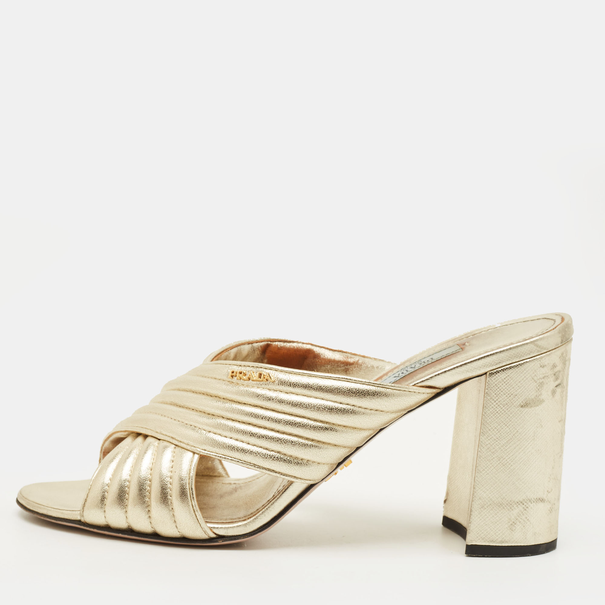 

Prada Size  Gold Leather Block Heel Slide Sandals