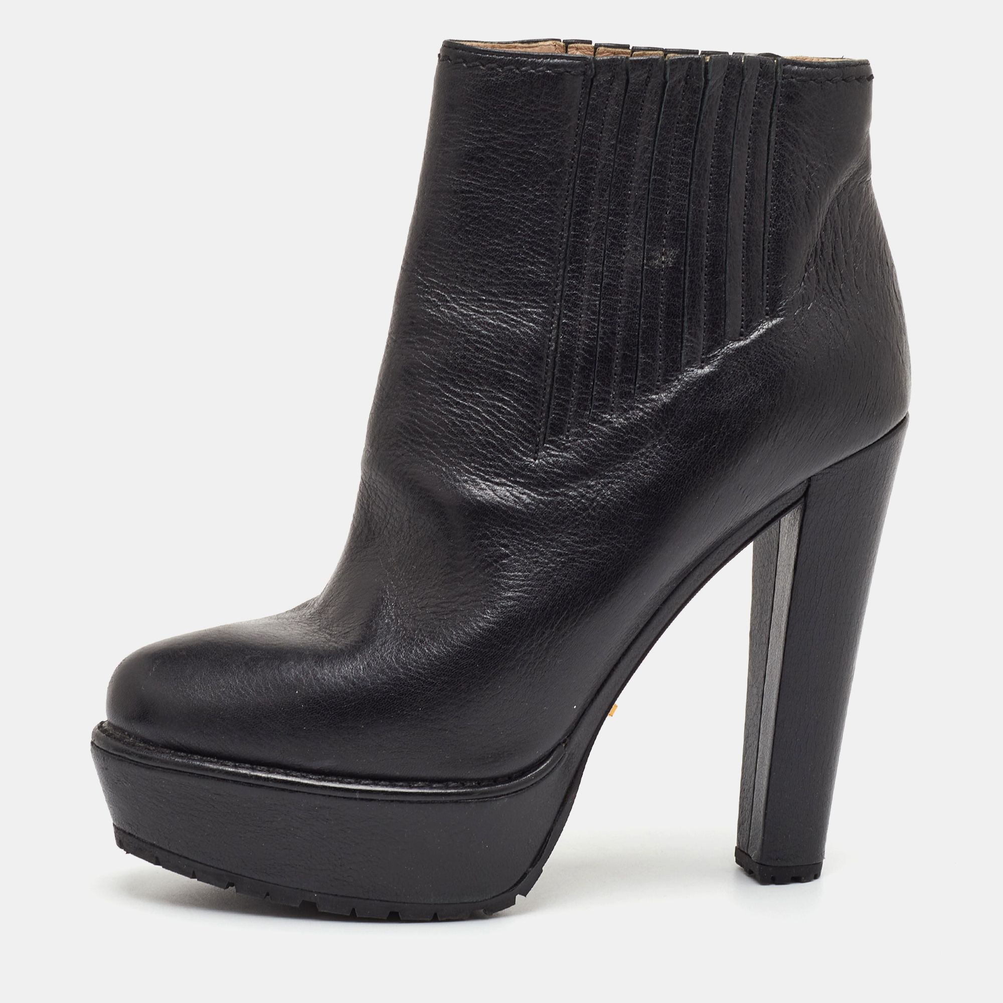 

Prada Size  Black Leather Platform Ankle Length Boots