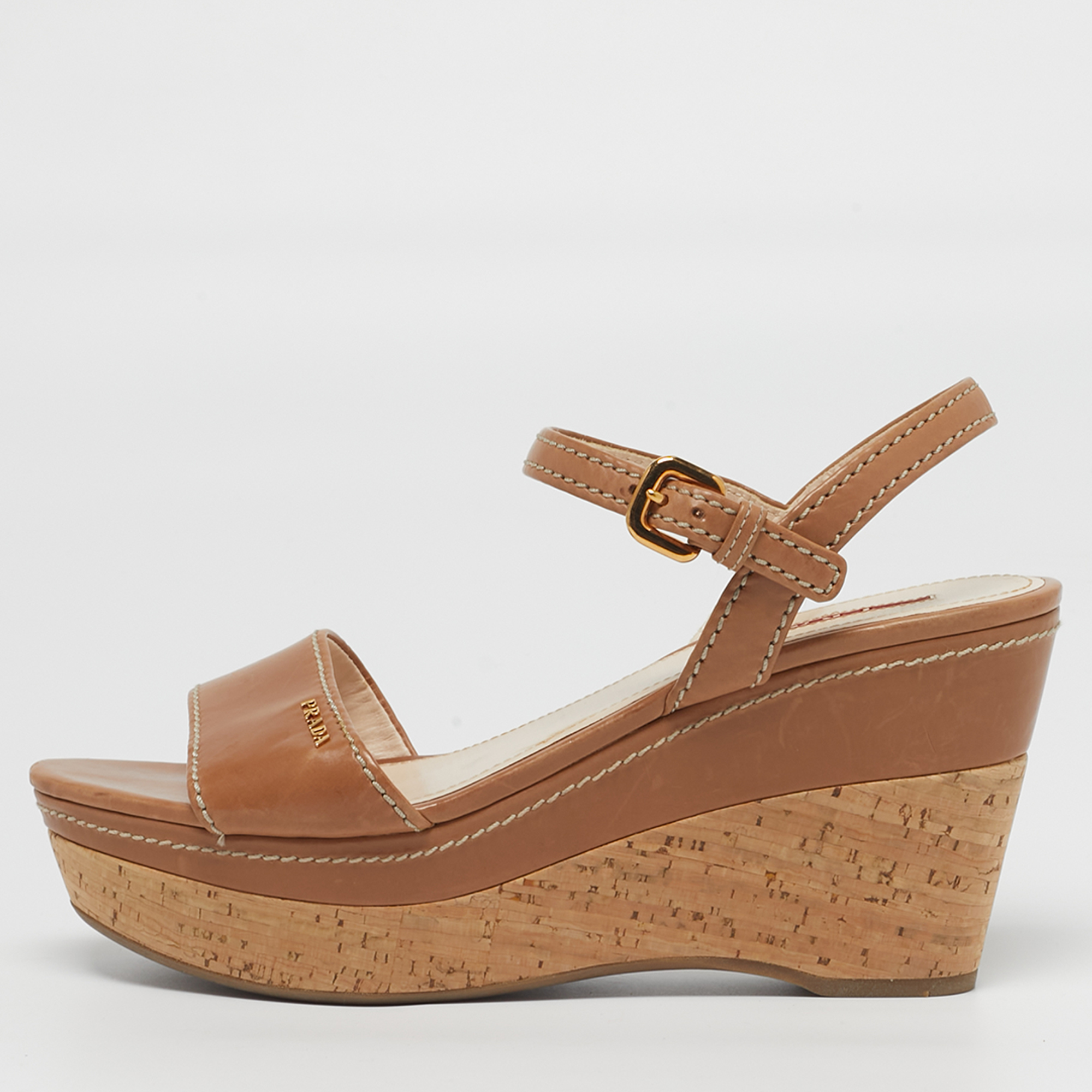 

Prada Size  Brown Leather Ankle Strap Wedge Sandals