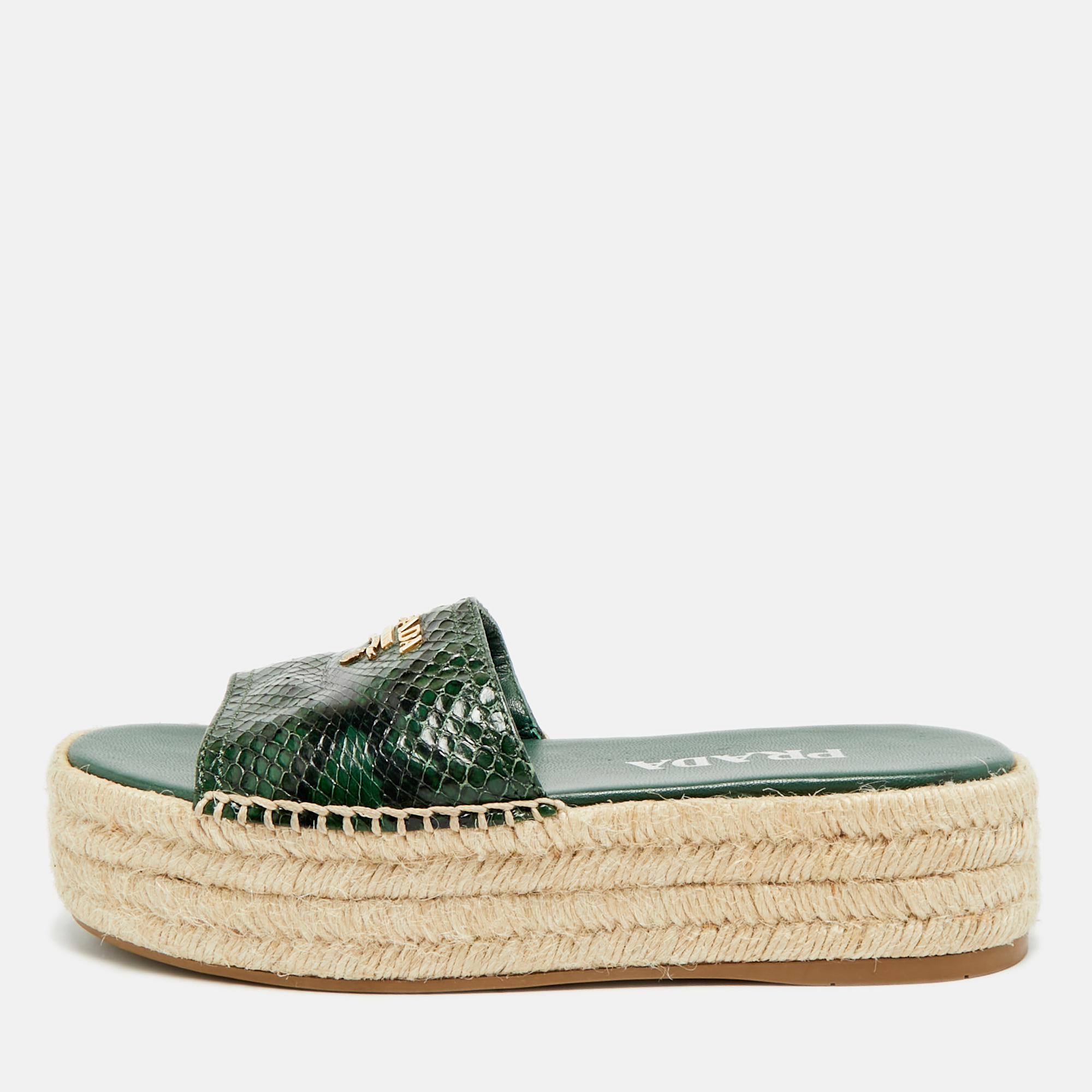 

Prada Size  Green Python Embossed Leather Platform Espadrille Sandals