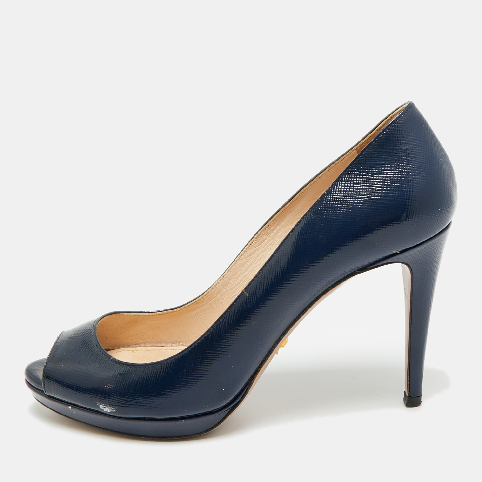 

Prada Size  Navy Blue Saffiano Leather Platform Peep Toe Pumps
