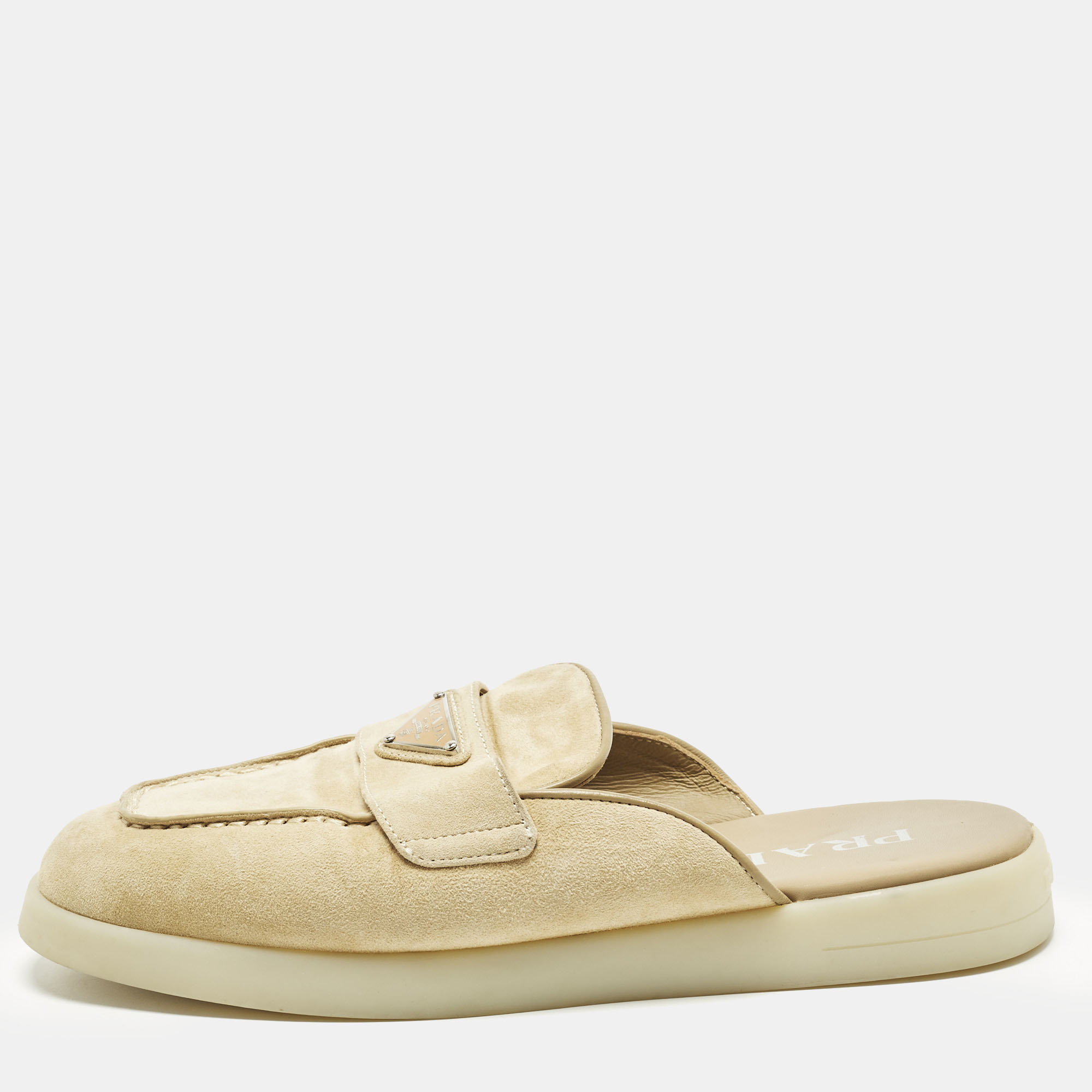 

Prada Size  Beige Suede Logo-Plaque Flat Mules