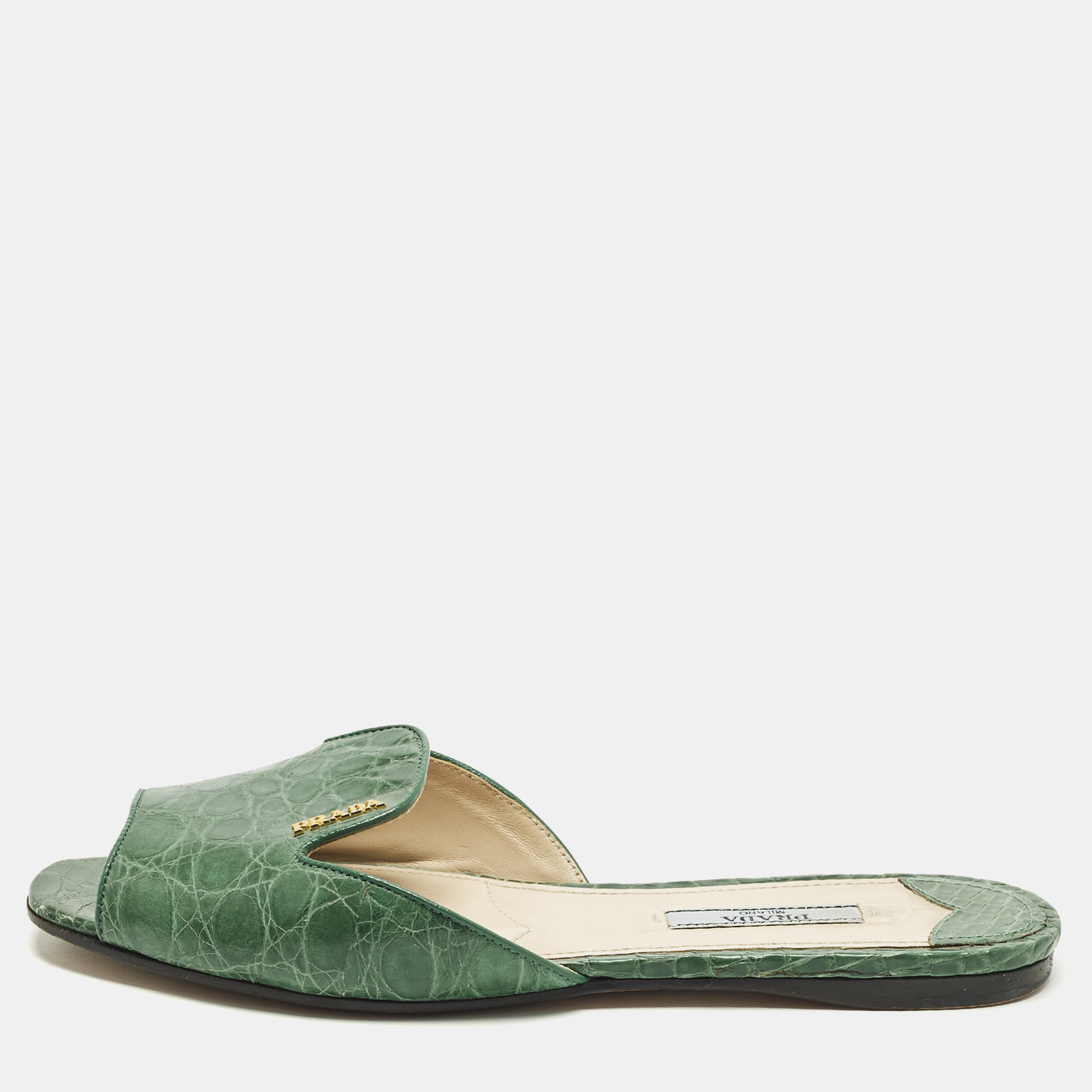 

Prada Size  Green Crocodile Leather Flat Slide Sandals